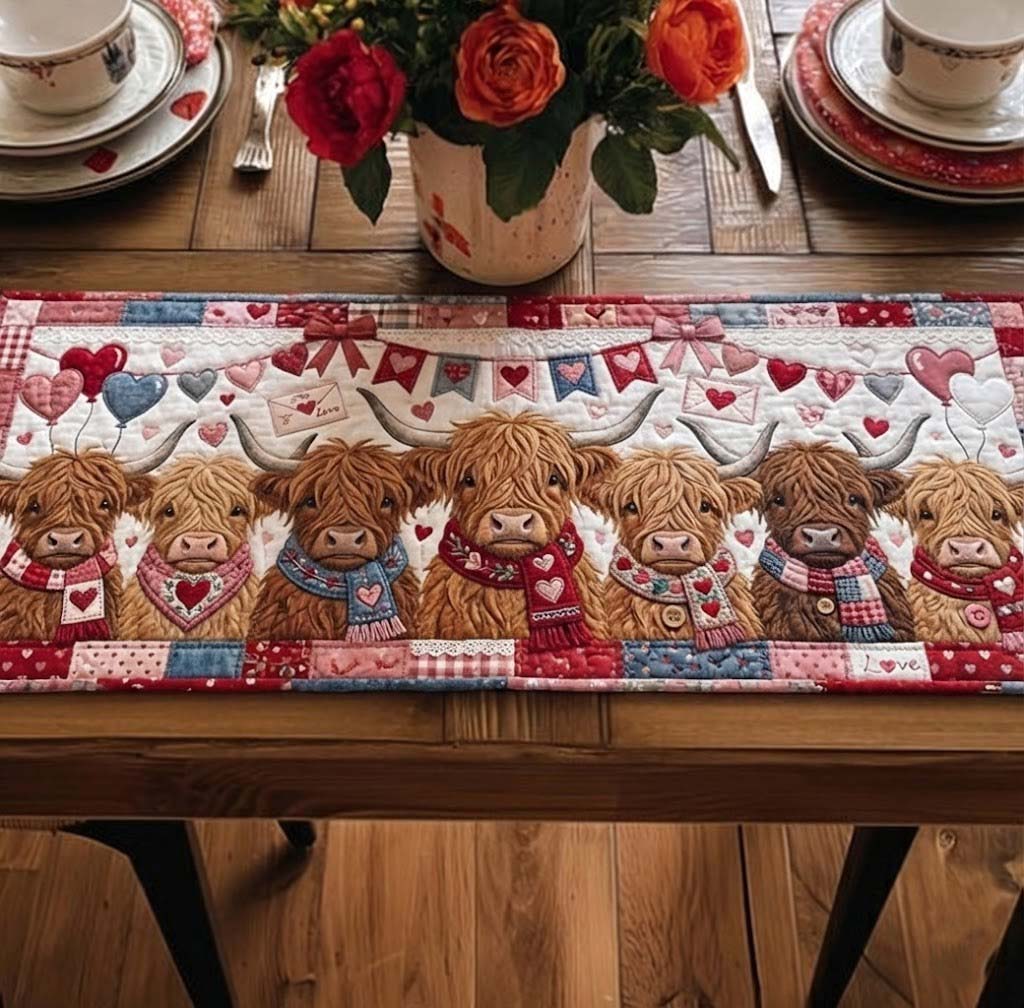Sweet Valentine Quilted Table Runner Vintage Valentine Table Runner Highland Cow Themed Gifts
