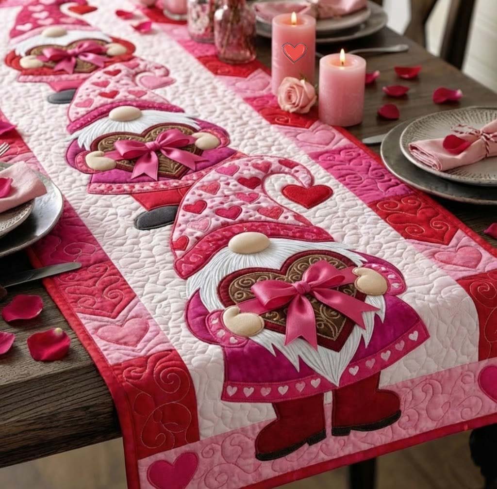 Sweetheart Gnomeville Quilted Table Runner Table Runner For Valentine's Day Mother In Law Valentine Day Gift