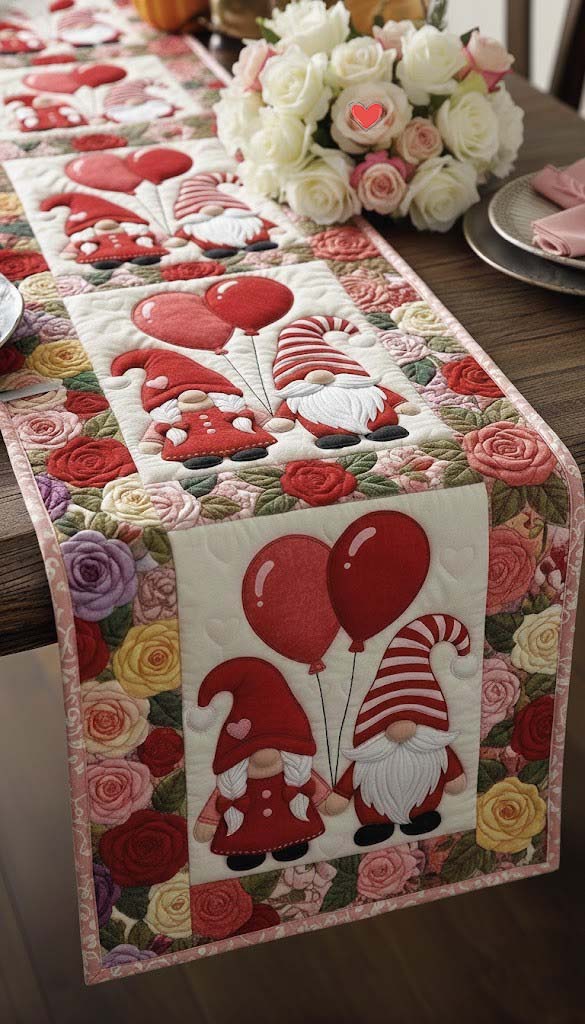Sweetheart Gnomeville Quilted Table Runner Table Runner Valentines Valentine Day Gift Ideas For Coworkers