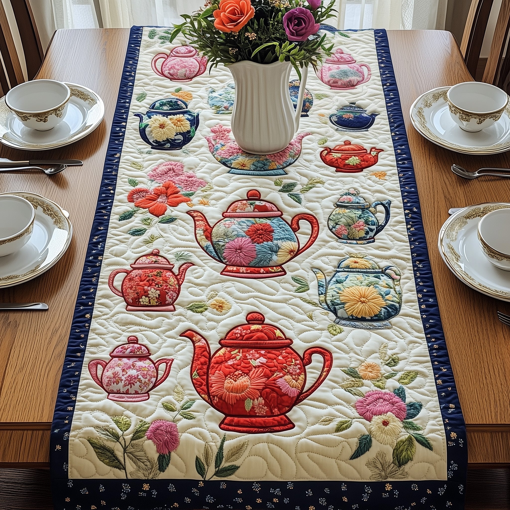 Tea in Full Bloom Quilted Table Runner Runner Table Mat Best Christmas Gifts For Tea Lovers