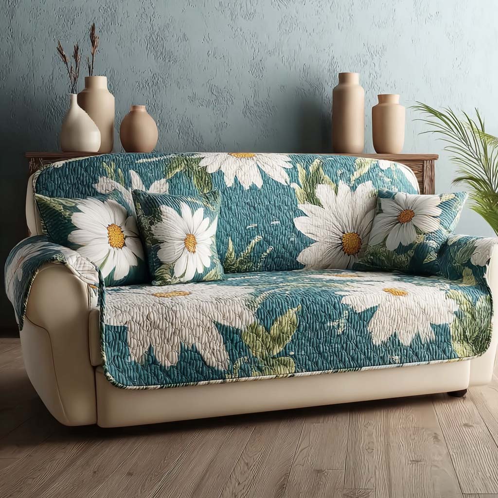 Teal Daisy Quilted Sofa Cover Seat Covers For Couches Daisy Themed Presents