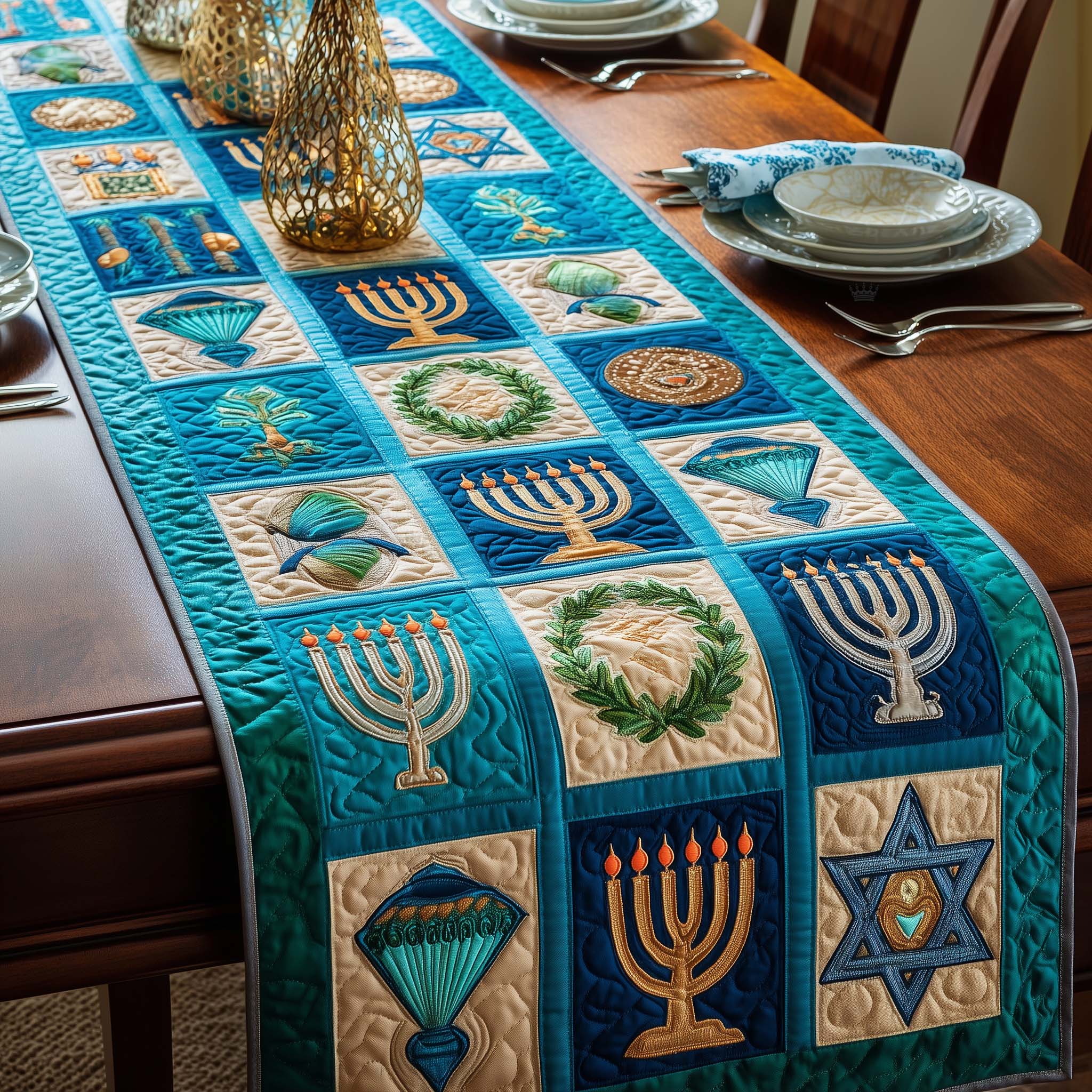 Teal Hanukkah Quilted Table Runner Dining Room Table Decor Ideas Hanukkah Gift Days