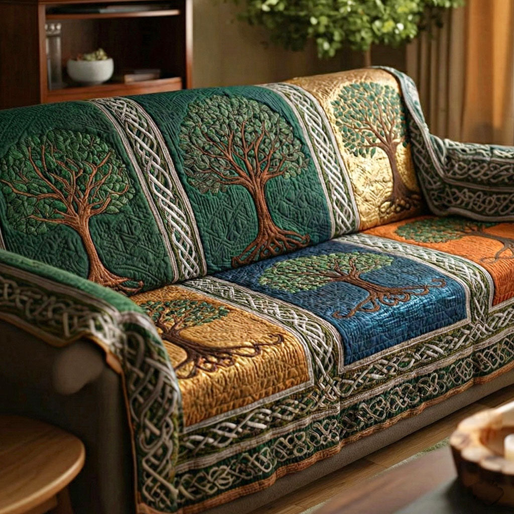 Teal Nature Roots Quilted Sofa Cover Furniture Covers Tree Of Life Gift Items