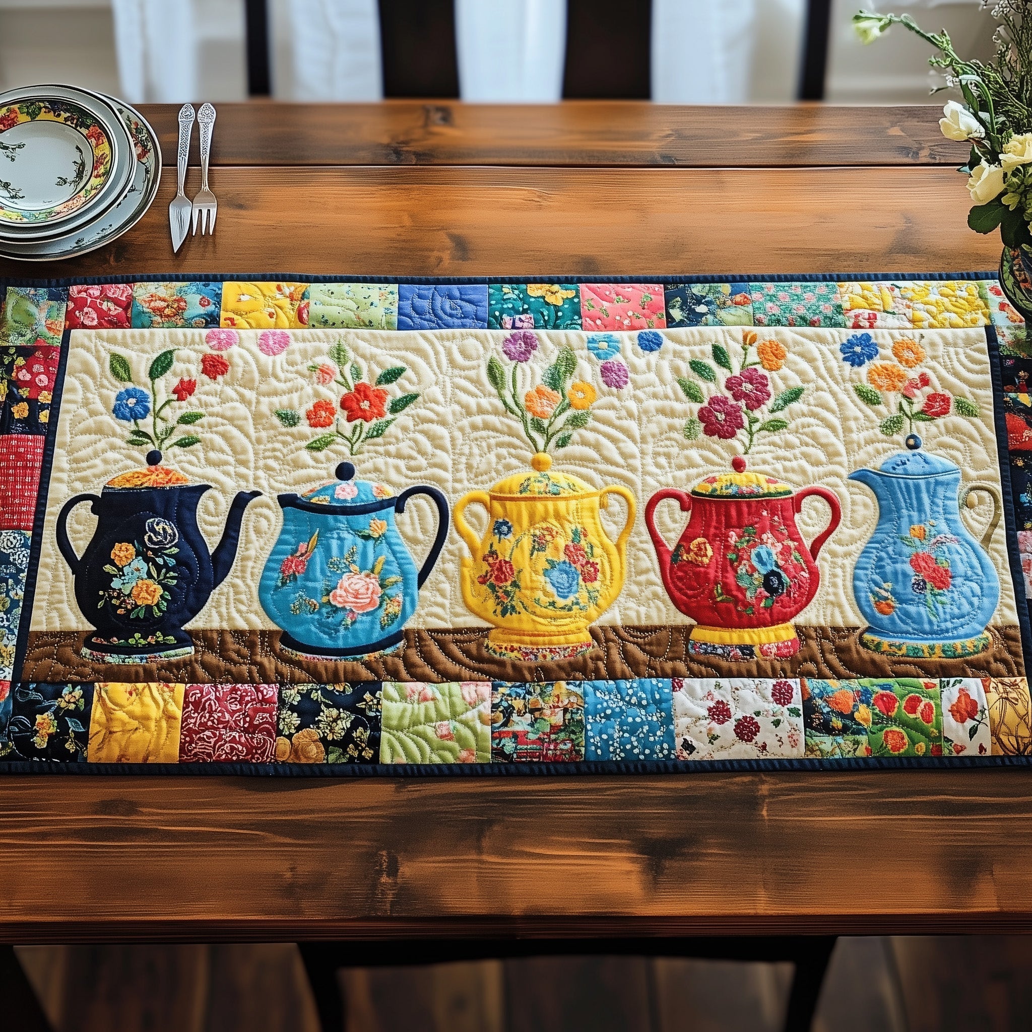 Teapot Collection Quilted Table Runner Dining Room Table Decor Christmas Gifts For Tea Drinkers