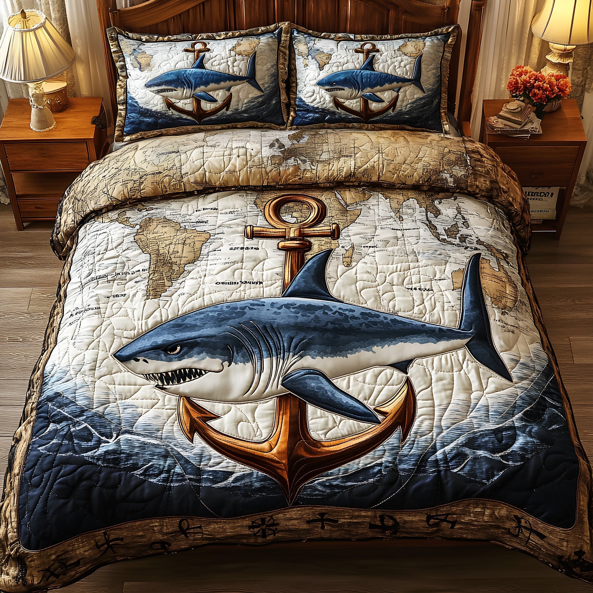 Terror of the Deep Quilted Bedding Set Bedspread Quilts Anchor Gifts For Her