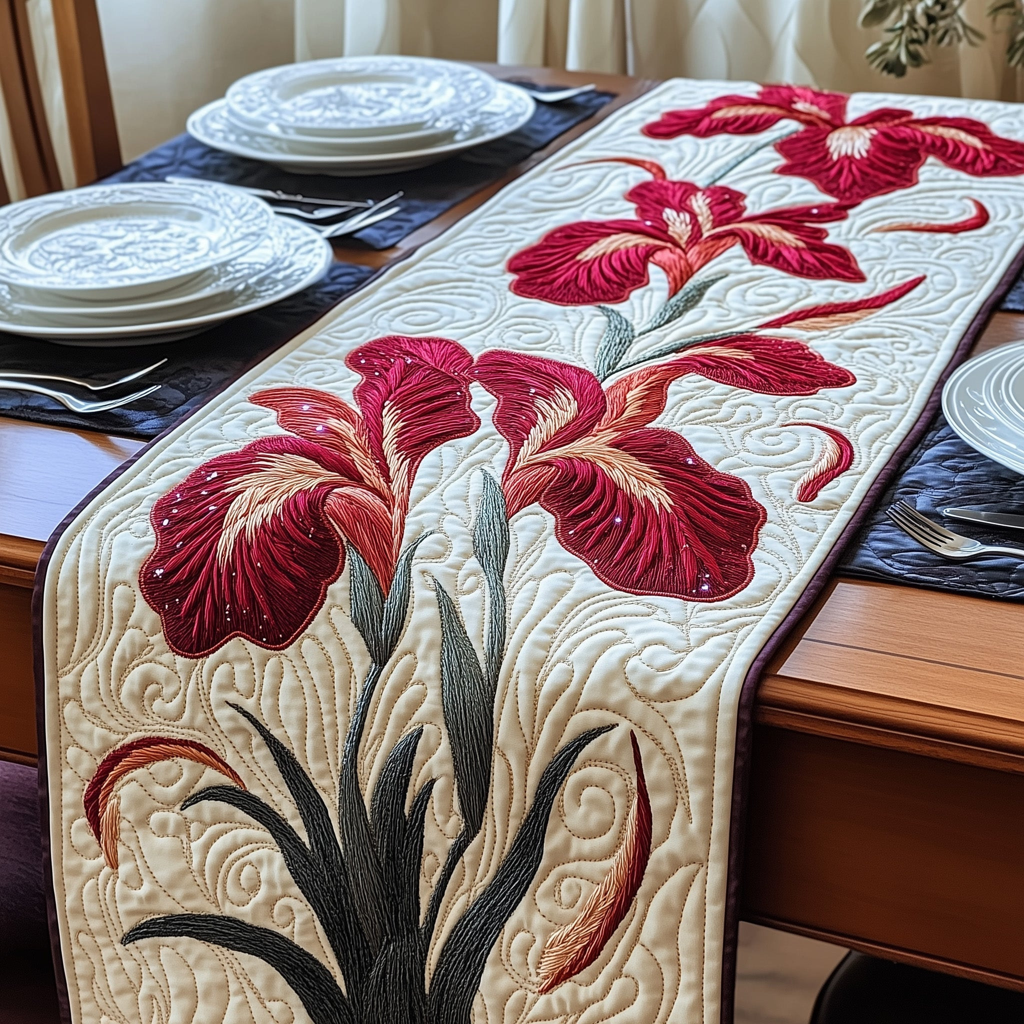The Blooming Iris Quilted Table Runner Dining Room Table Runners Grandmother Mothers Day Gifts