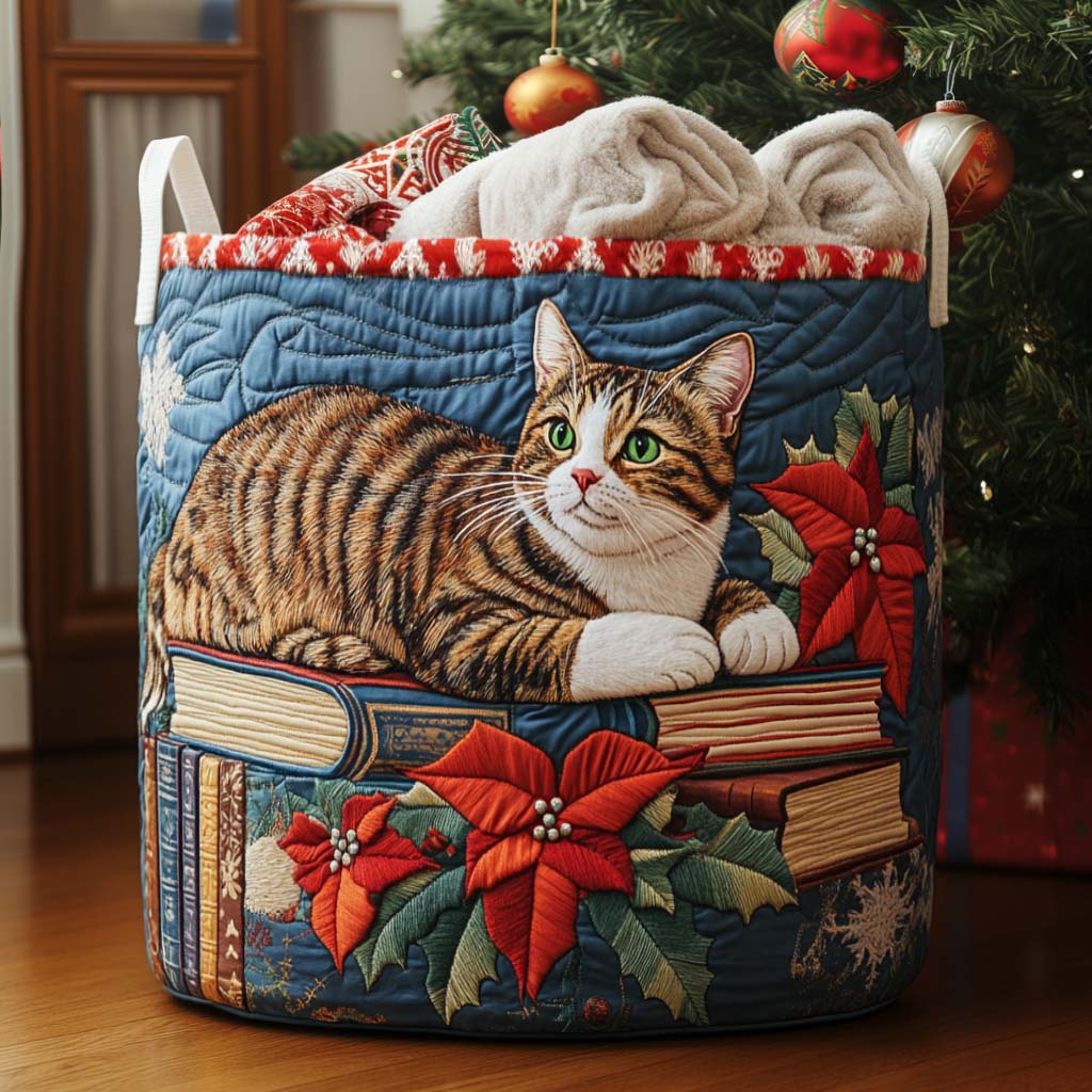 The Cat Who Read on Christmas Eve Quilted Laundry Basket Foldable Storage Bin New Home Gifts