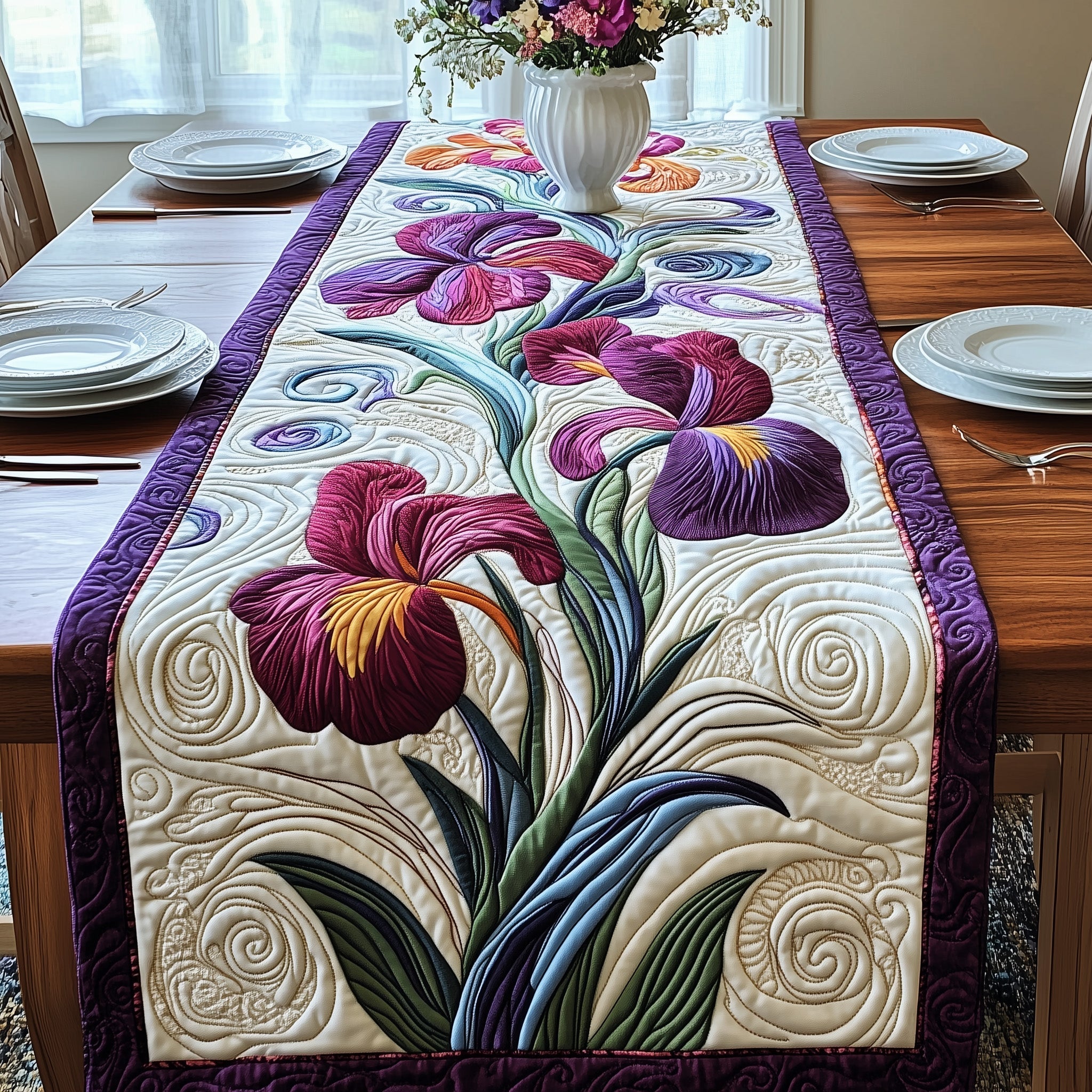 The Eternal Iris Quilted Table Runner Unique Table Runner Ideas Best Gift For Mother In Law