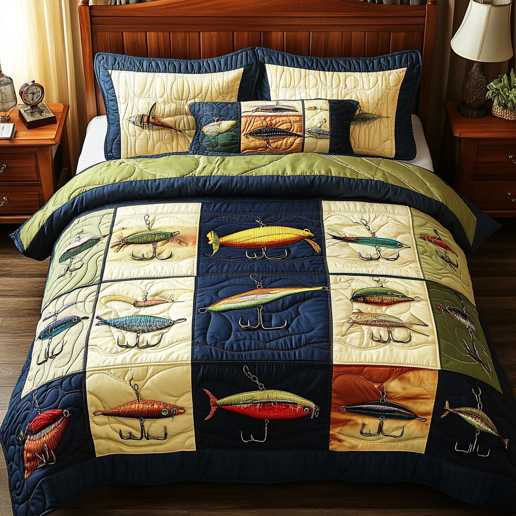 The Fish Lodge Quilted Bedding Set Unique Bed Sheets Best Fishing Gifts For Dad