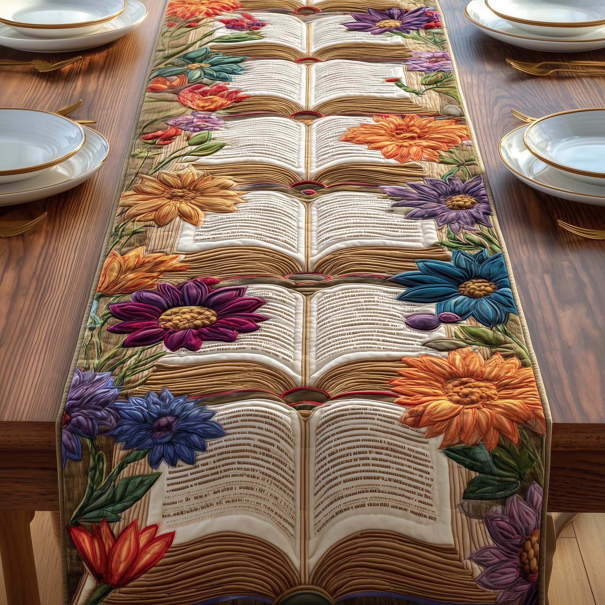 The Floral Chapter Quilted Table Runner Dining Room Decor Novelty Book Gifts