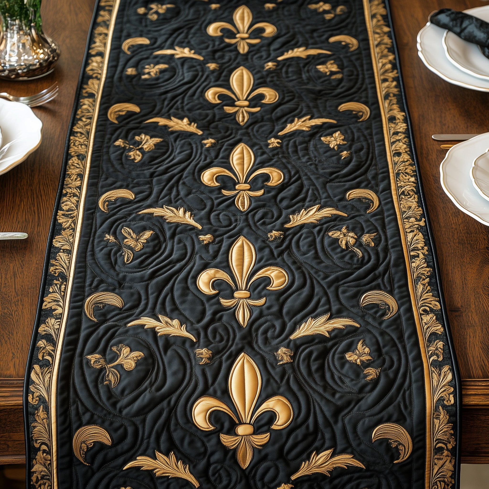 The Regal Fleur de lis Quilted Table Runner Dining Room Decor Mardi Gras Hostess Gifts