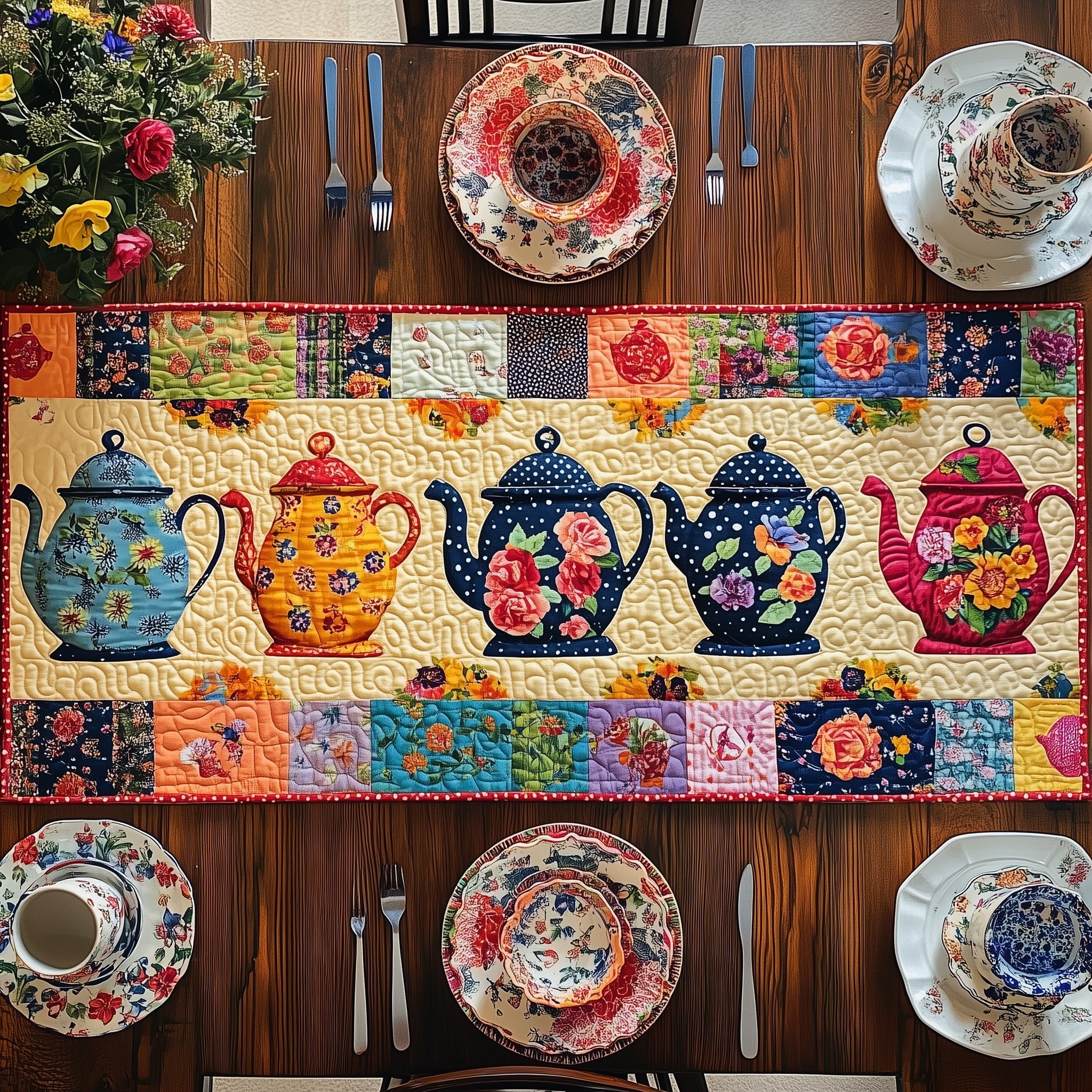 The Teapot Parade Quilted Table Runner Elegant Dining Table Runner Tea Holiday Gifts