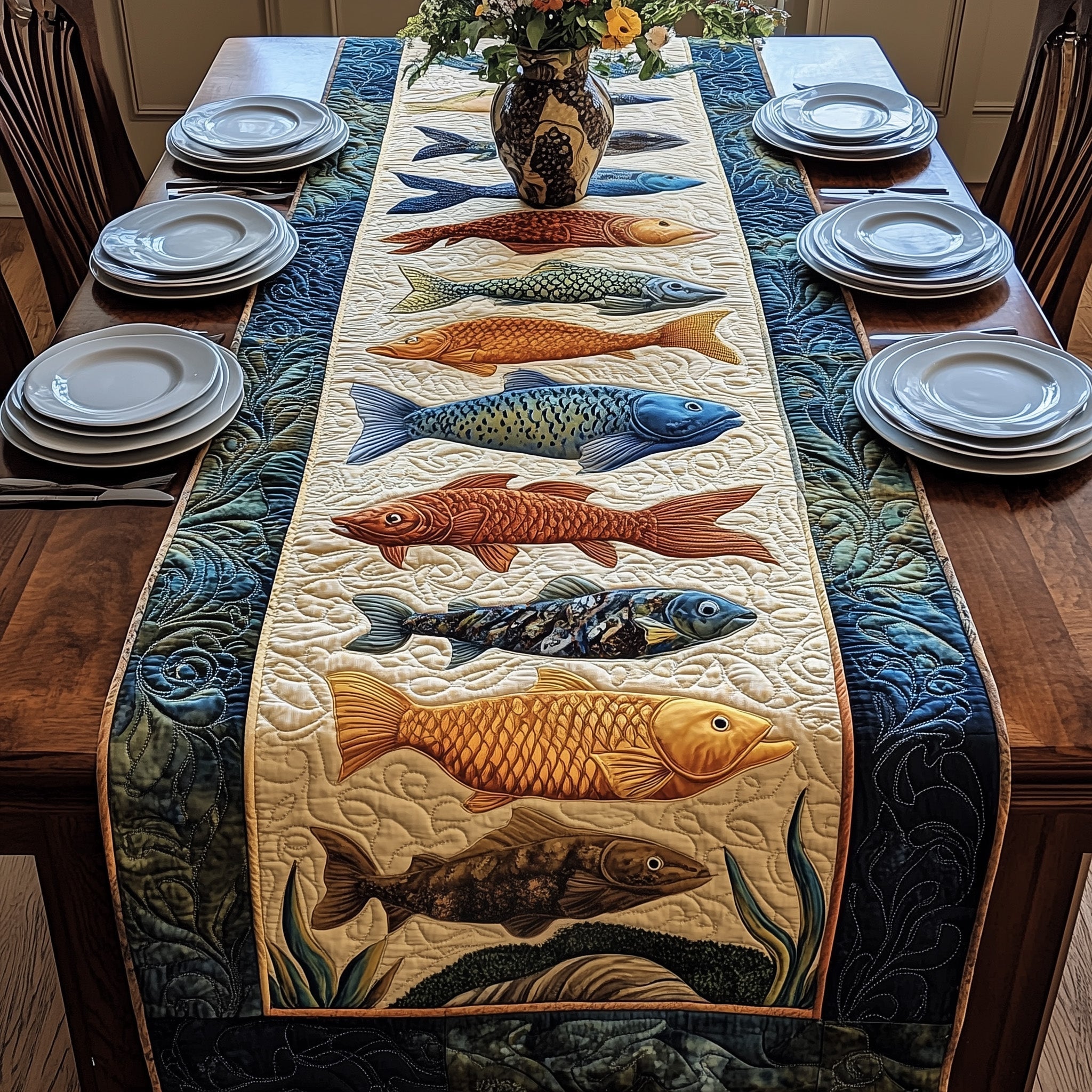 The Wild Catch Quilted Table Runner Dining Room Table Runners Fishing Presents For Dad