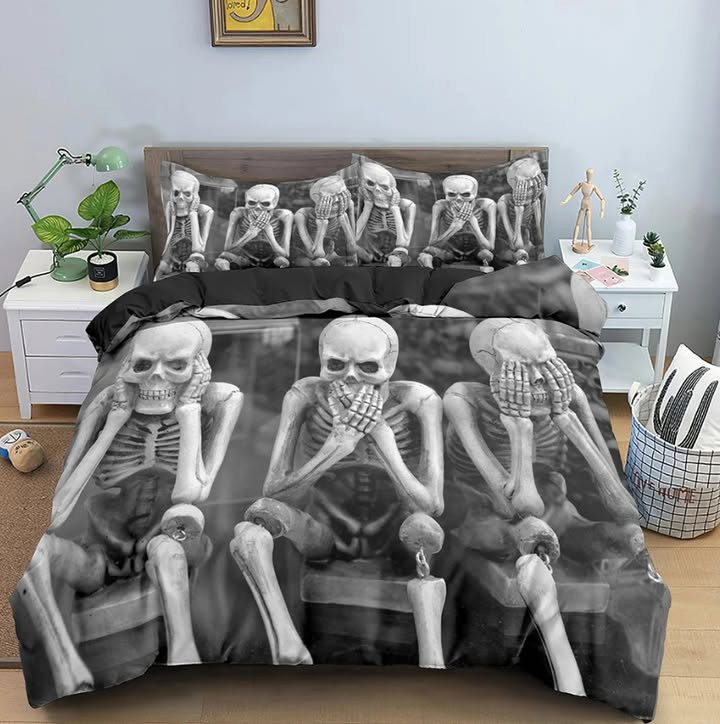 Three Skeleton Quilted Bedding Set Gothic Bedspread Set Bedroom Decor Skull Themed Gifts