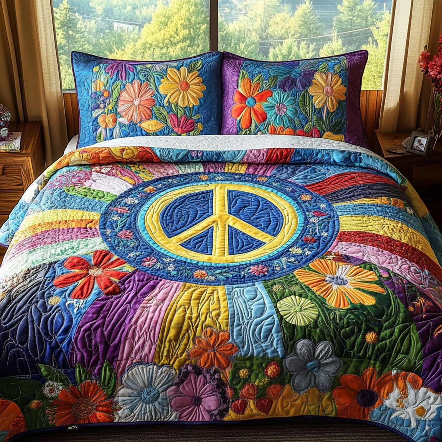 Tie-Dye Tranquility Quilted Bedding Set Cute Queen Bed Sheets Gifts For Hippy Chicks