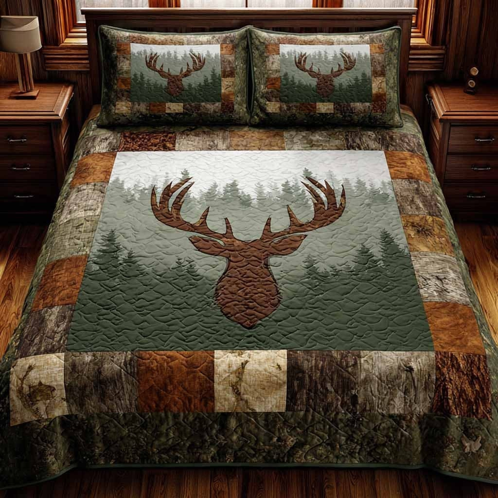 Timber Lodge Quilted Bedding Set Rustic Bedroom Decor Father's Day Gifts For Deer Hunter