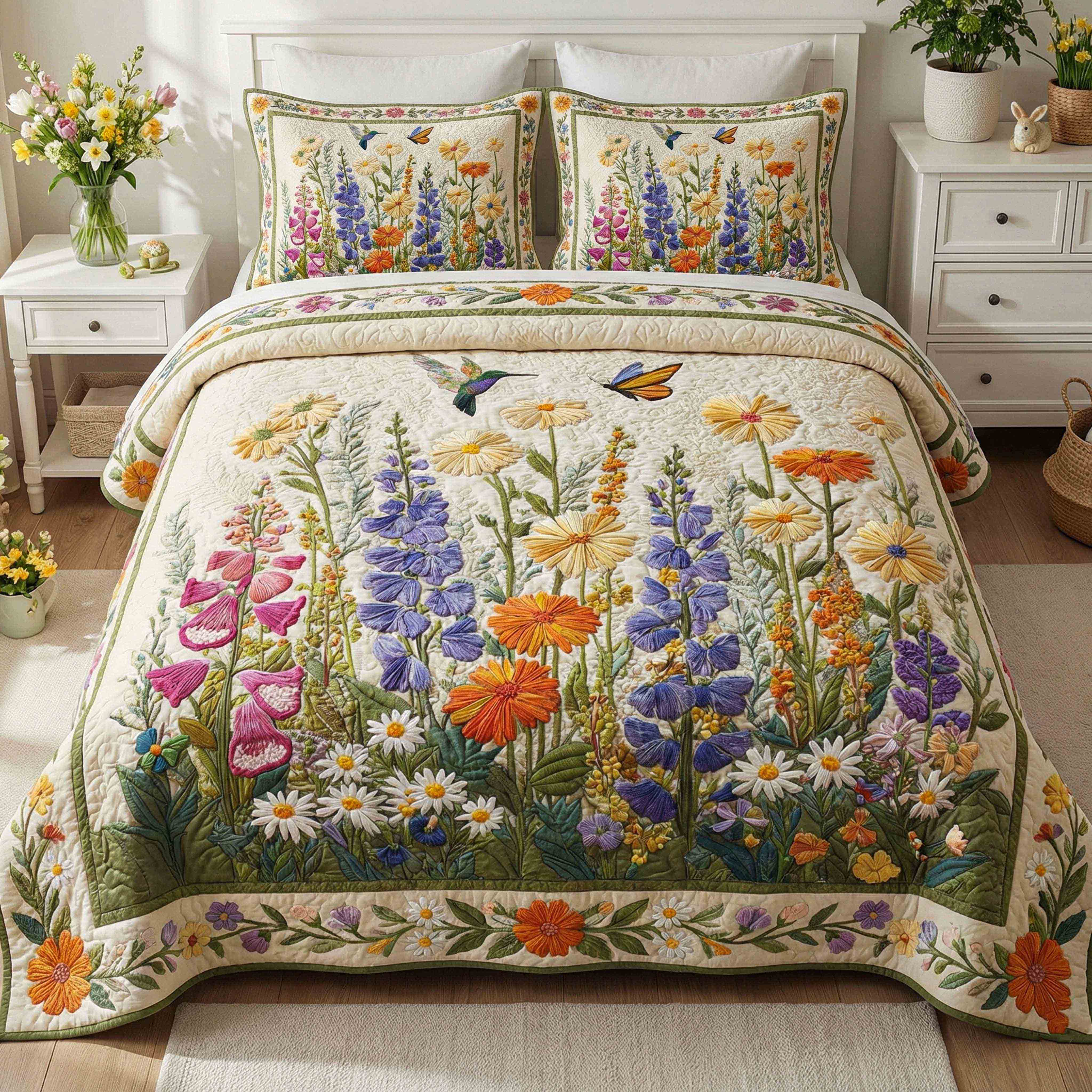Timeless Floral Charm Quilted Bedding Set Unusual Bed Sheets Hummingbird Gifts For Women