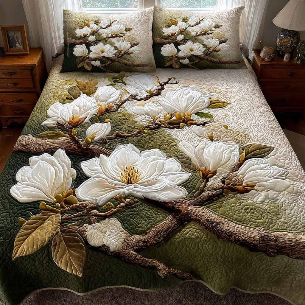 Timeless Ivory Quilted Bedding Set Magnolia Bloom Bedspread Set Special Mothers Day Gift