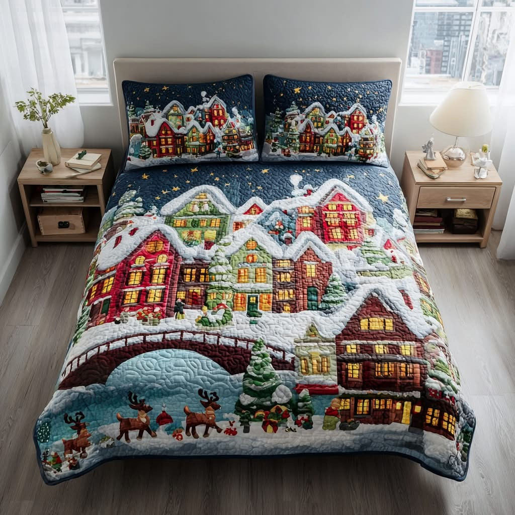 Town Christmas Village Bridge Quilted Bedding Set Holiday Duvet Cover Unique Gifts 2025
