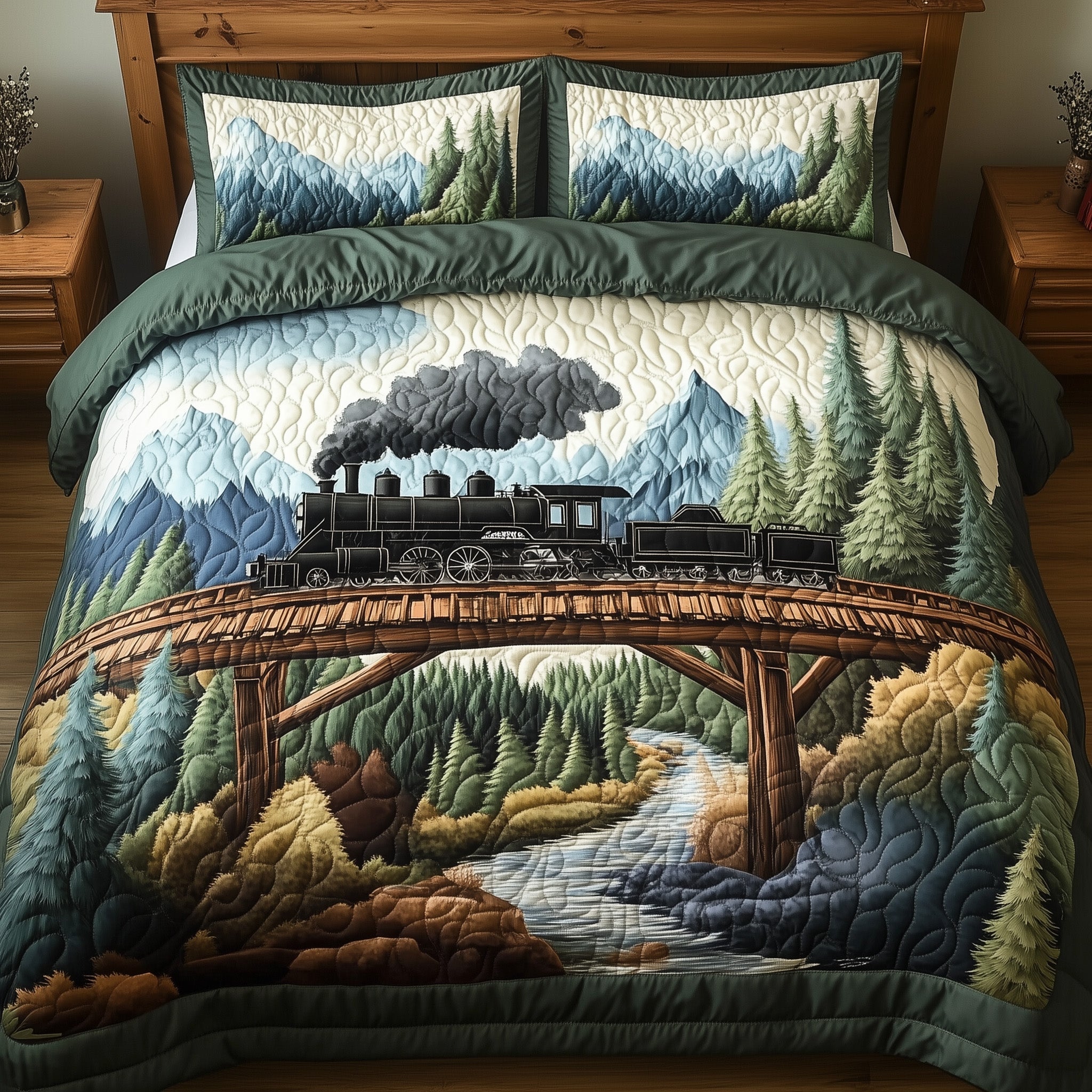 Train Forest Trails Quilted Bedding Set Best King Bed Sheets Unique Train Gifts