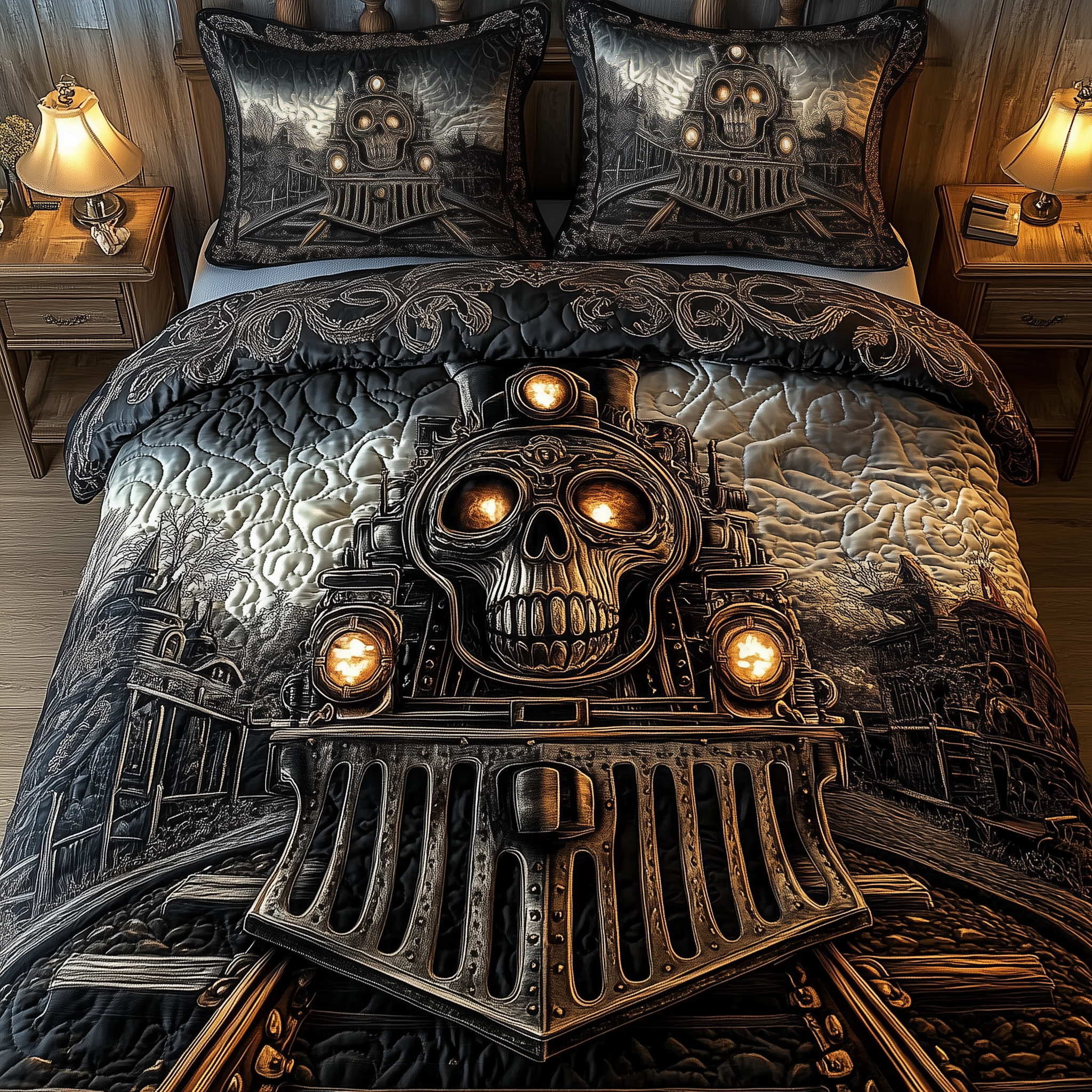 Train to the Skull Land Quilted Bedding Set Unique Bed Sheets Gifts For People Who Like Skulls