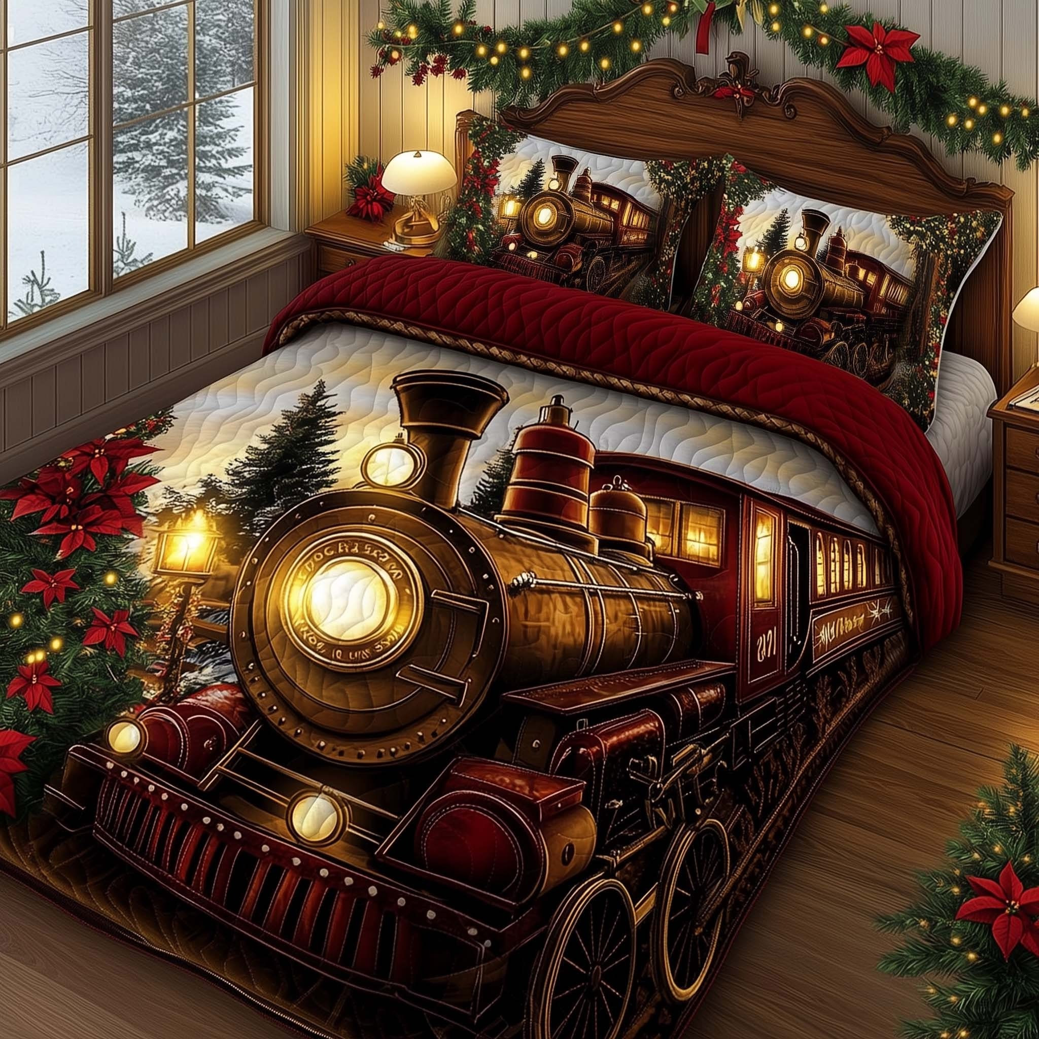 Train Yuletide Express Christmas Quilted Bedding Set Duvet Cover Train Gifts For Adults