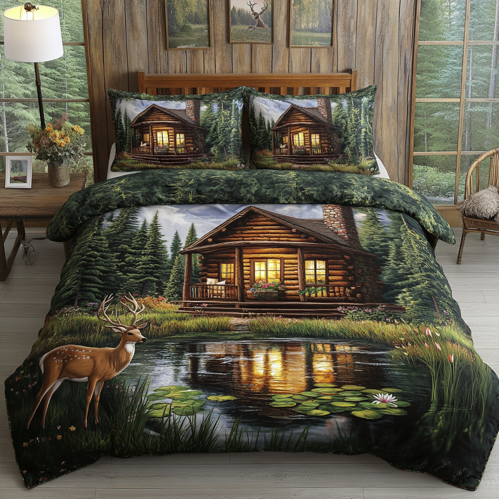 Tranquil Log Cabin Quilted Bedding Set Bedroom Decorations Best Friend Gifts