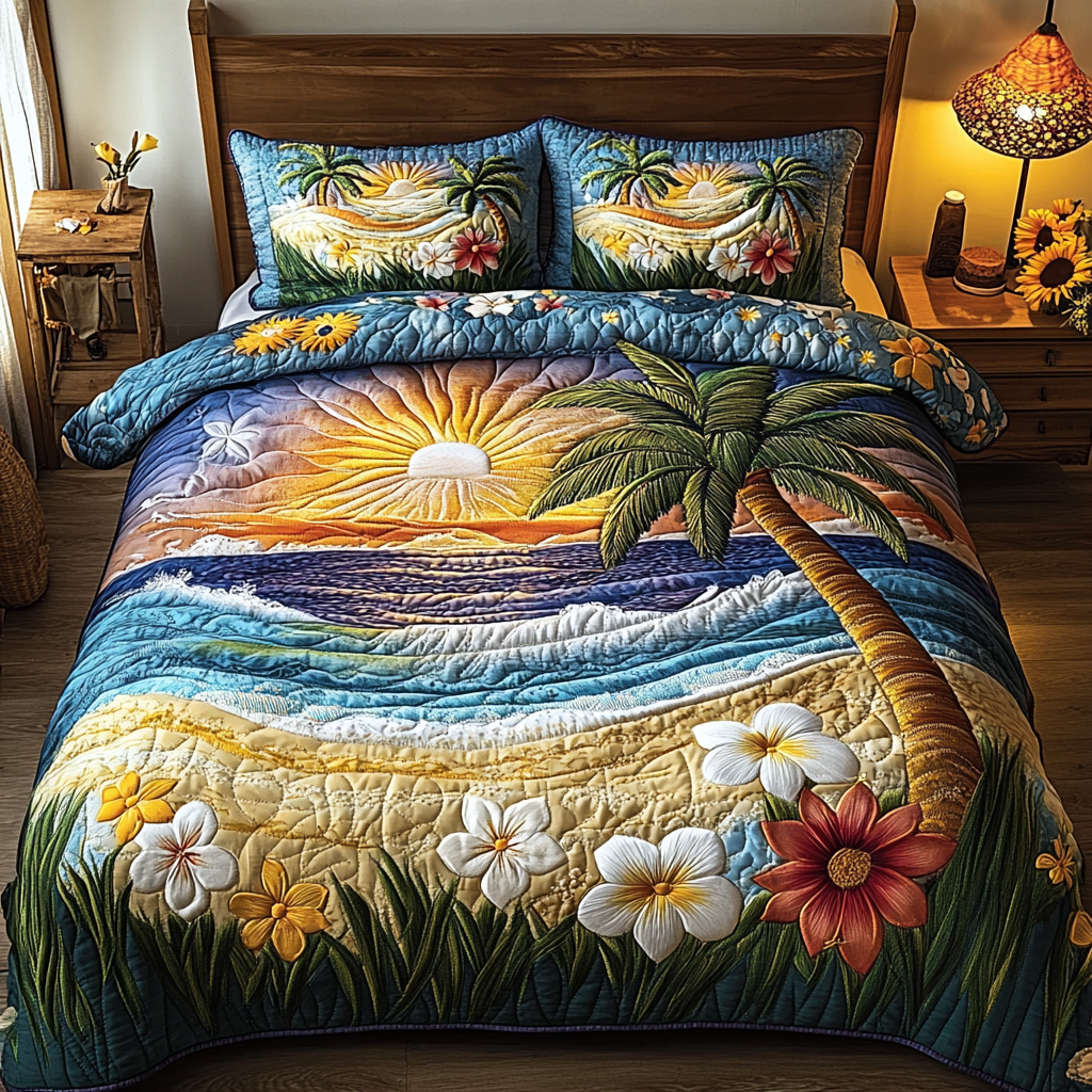 Tranquil Waves Quilted Bedding Set Best Bed Sheet Set Cool Gifts For Beach Lovers