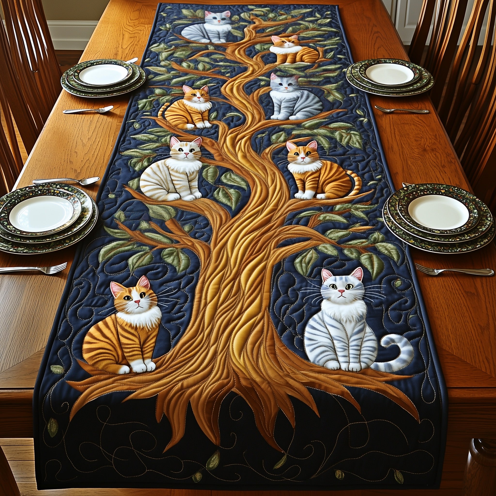 Tree of Cats Quilted Table Runner Bohemian Style Table Runner Gift Ideas For Cat Lovers