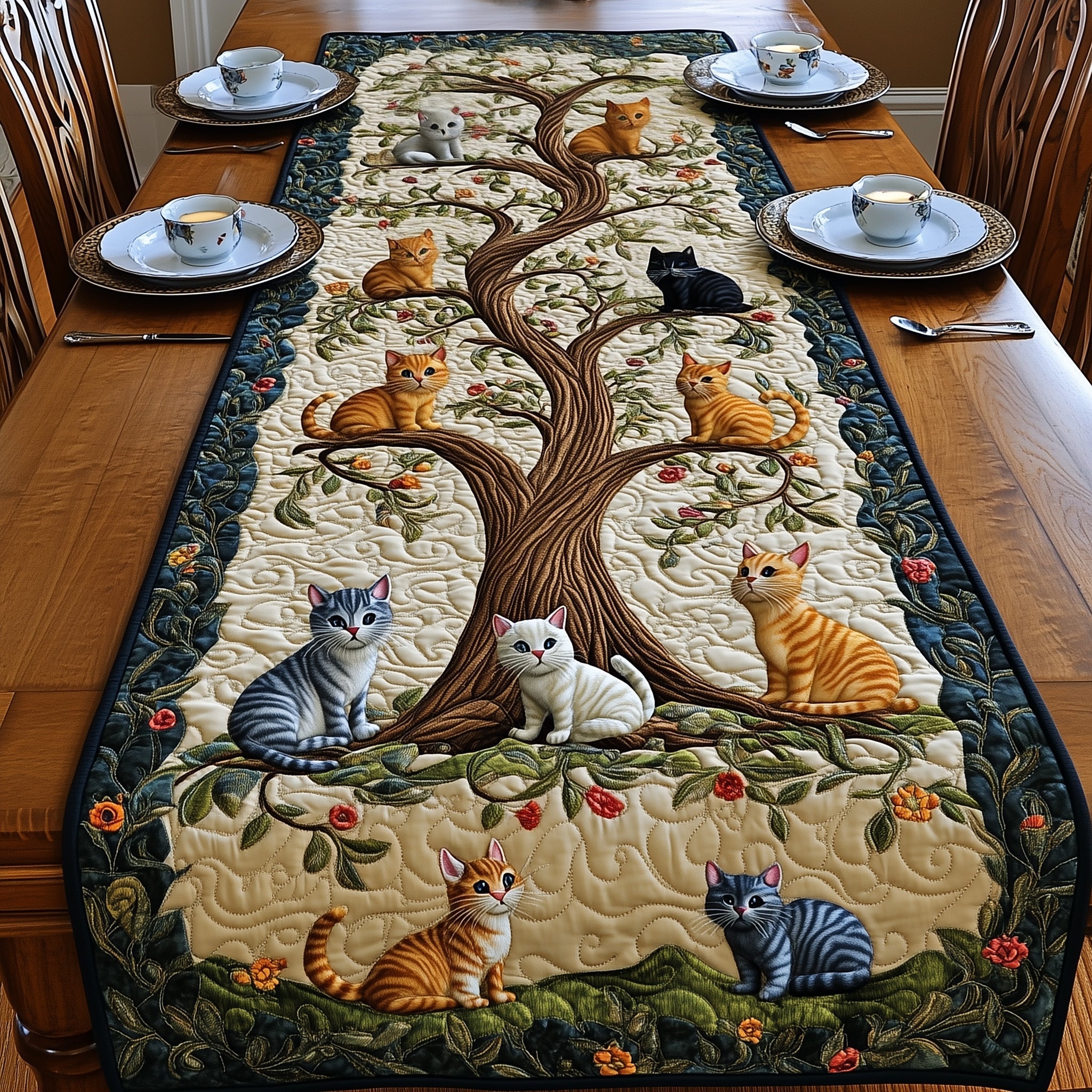 Tree of Cats Quilted Table Runner Dining Room Runner Cat Presents For Cat Lovers