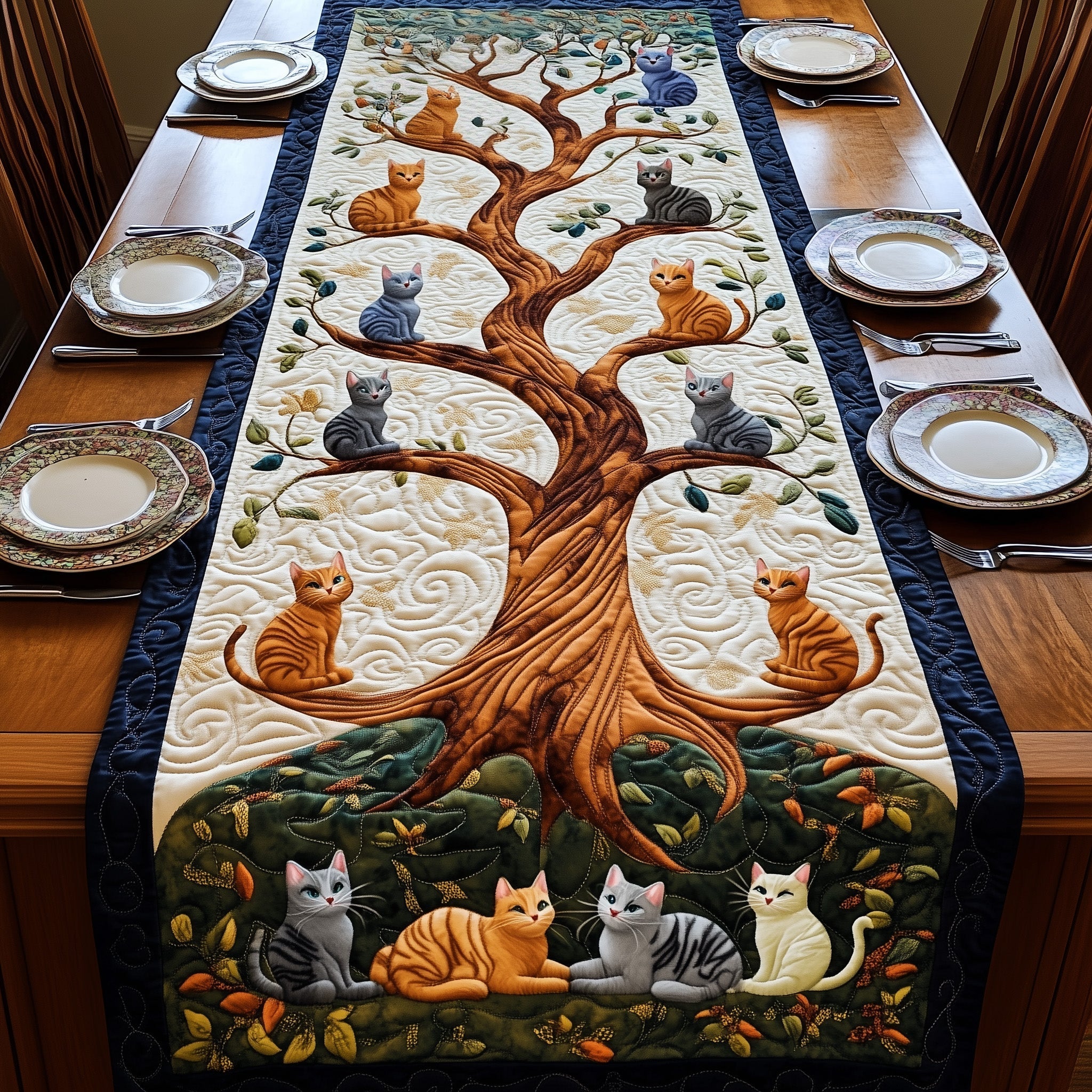 Tree of Cats Quilted Table Runner Table Runner For Dining Table Cat Gifts For Cat Lovers