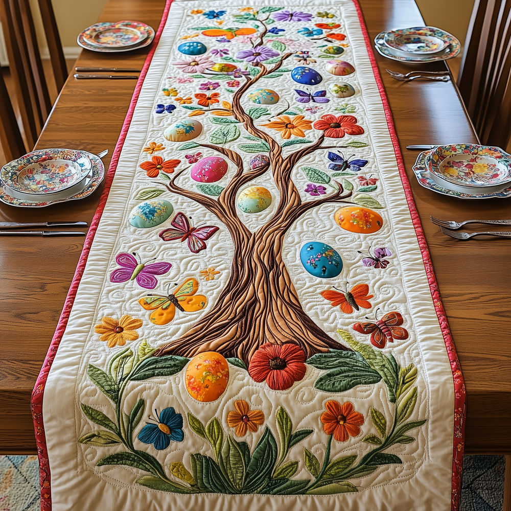 Tree Of Easter Eggs Quilted Table Runner Elegant Holiday Decor Easter Gifts To Send