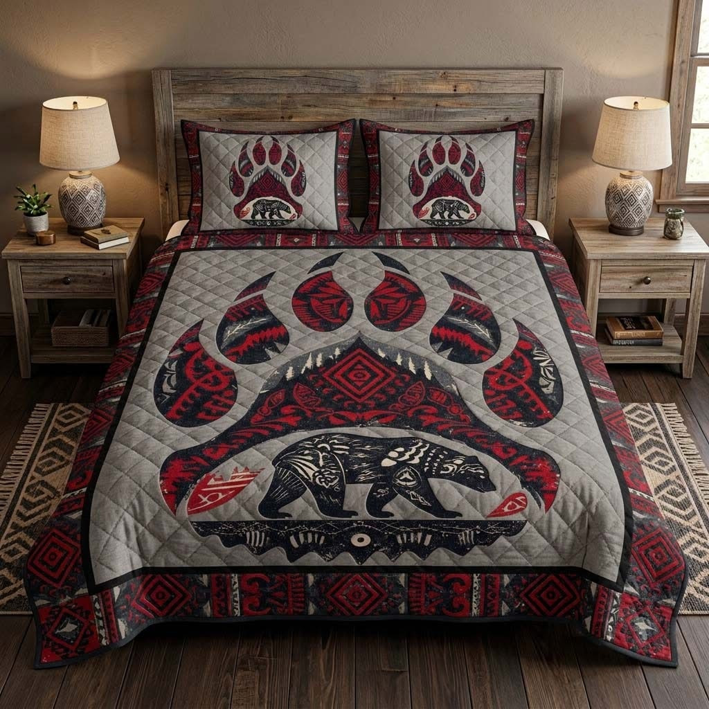 Tribal Bear Track Quilted Bedding Set Bedroom Decor Native American Gifts For Father's Day