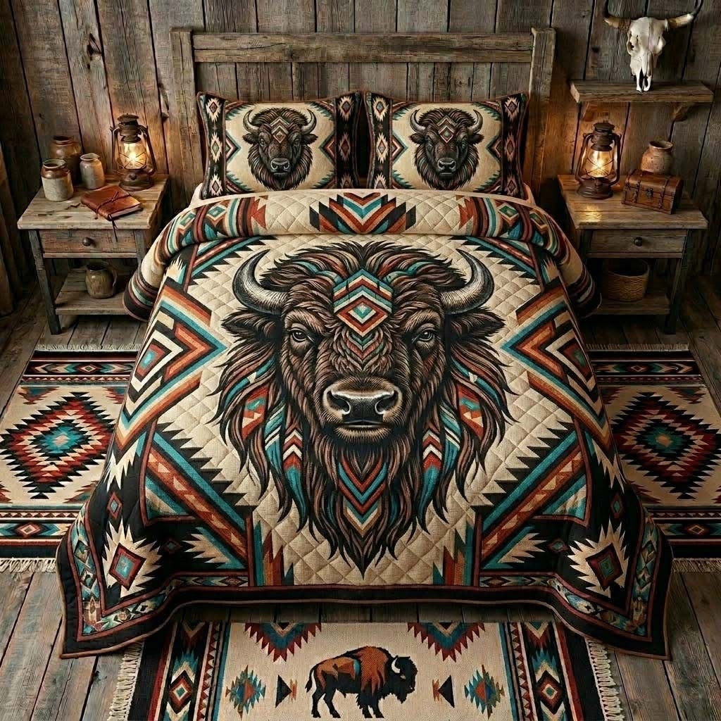 Tribal Spirit Bison Quilted Bedding Set Unique Bed Sheet Set Awesome Native American Gifts