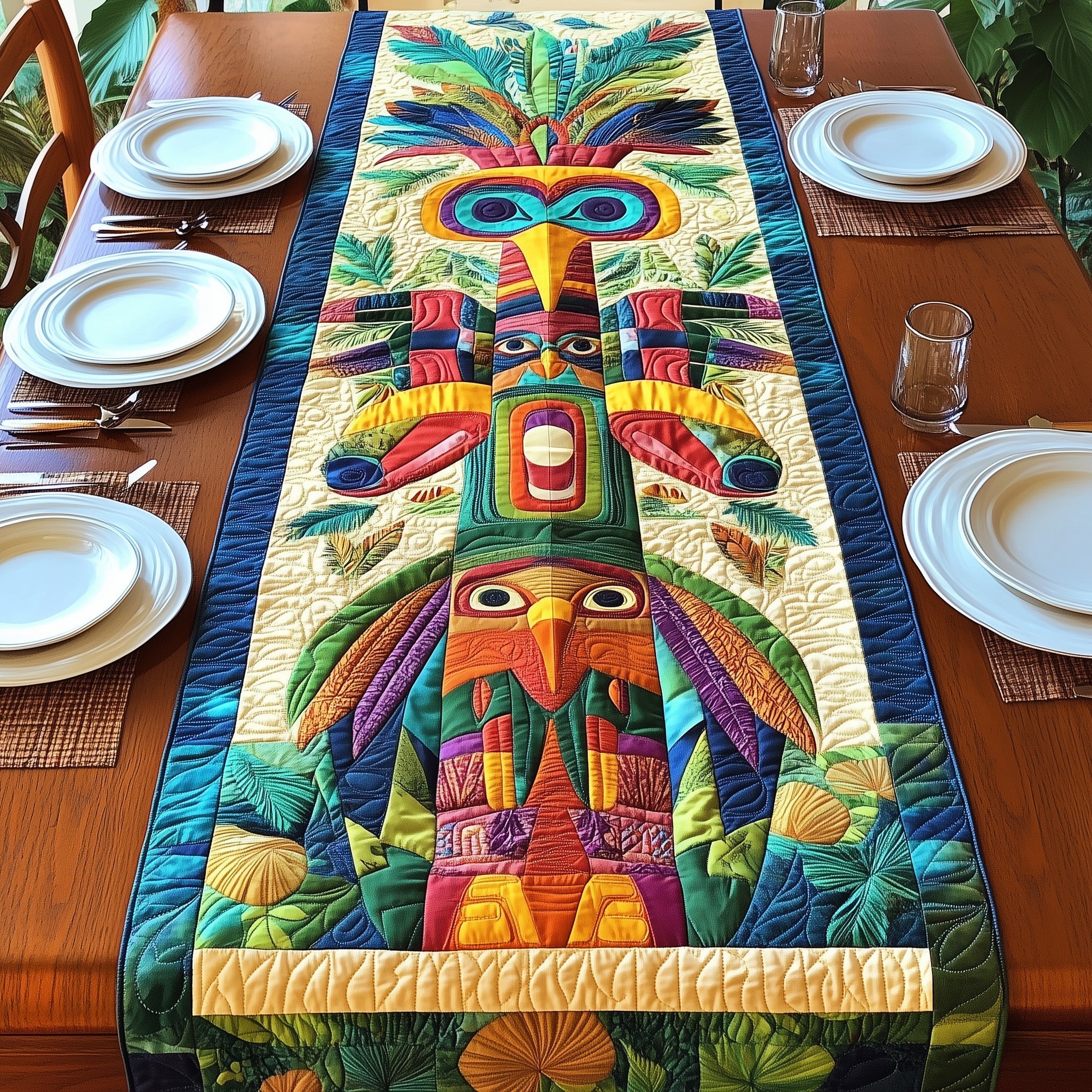 Tribal Totem Pole Quilted Table Runner Table Runners Long Simple Mother's Day Gifts