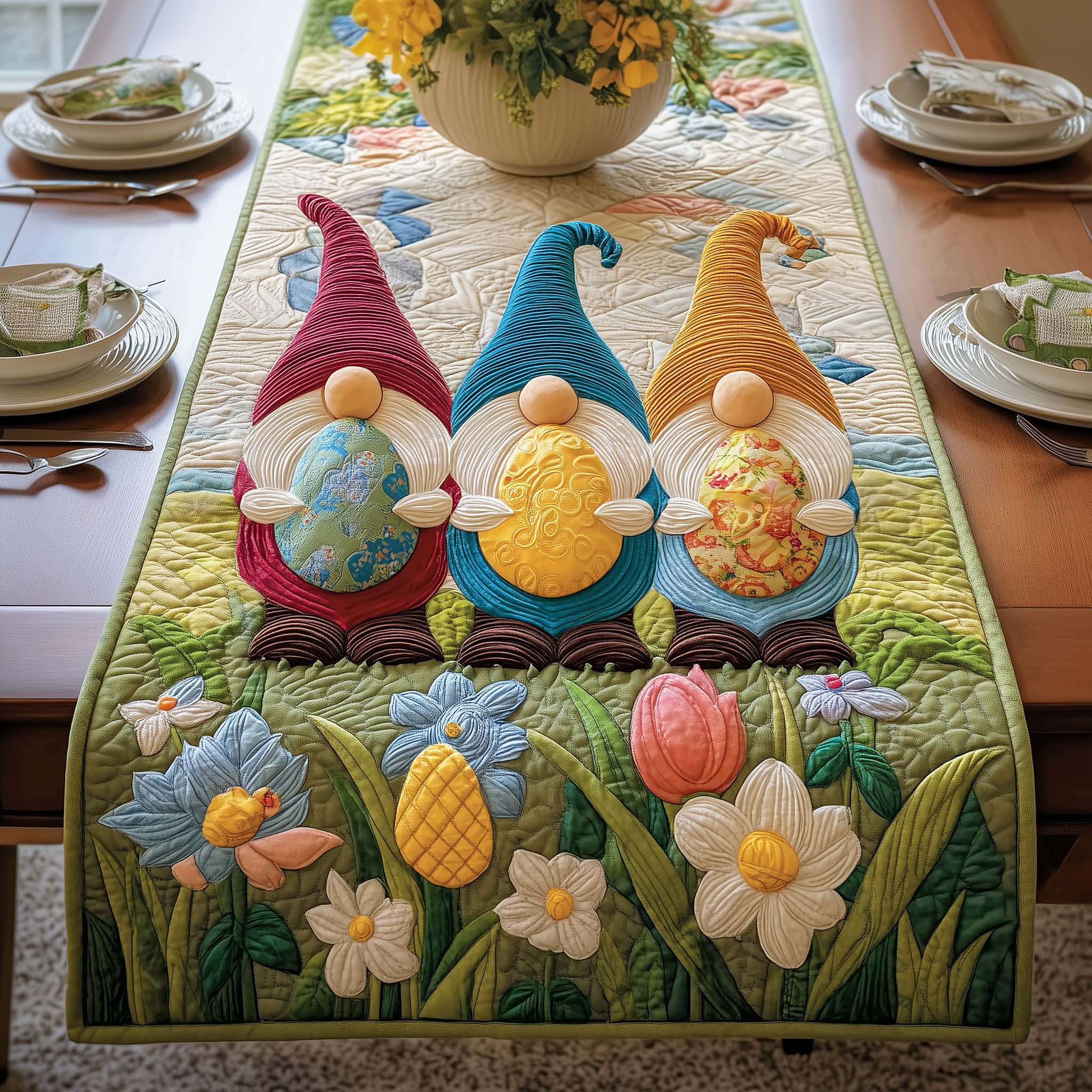 Trio Gnomes Quilted Table Runner Holiday Dining Table Decor Cute Easter Gift Items