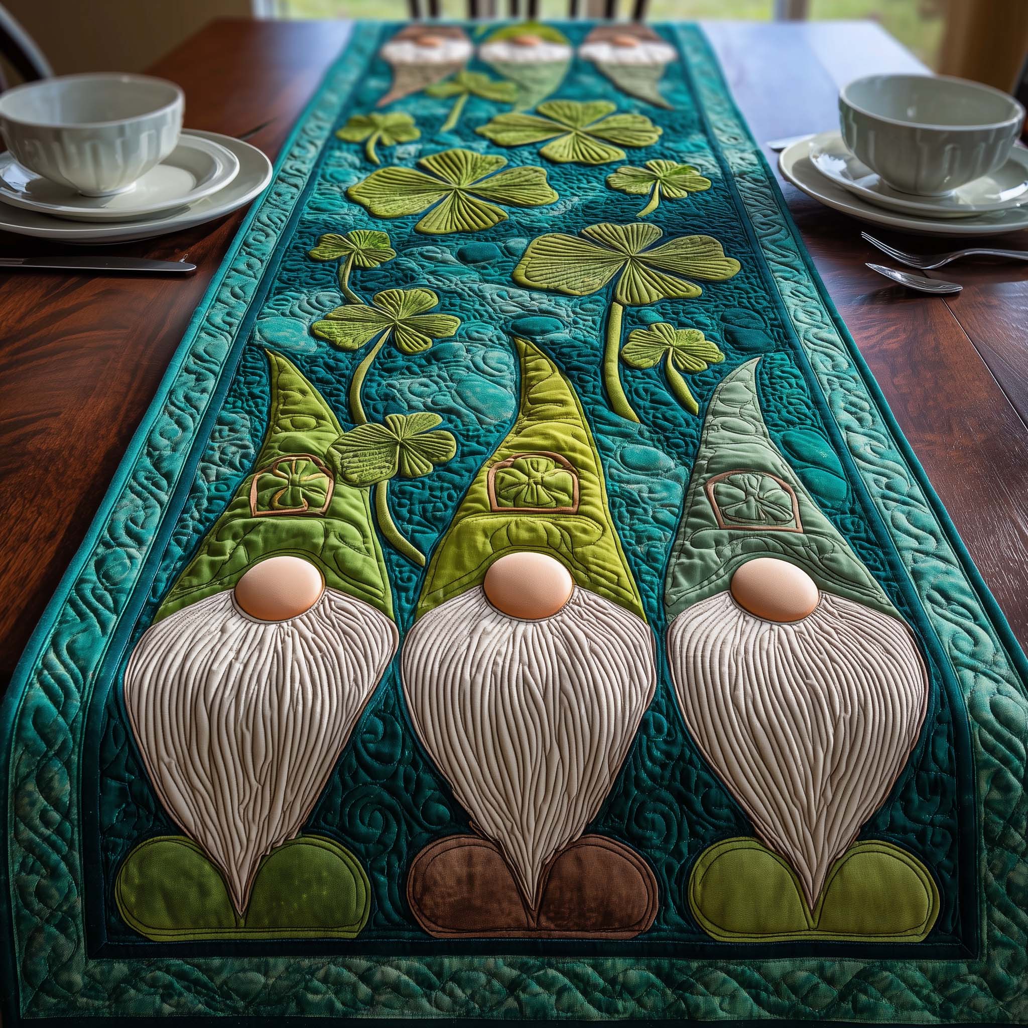 Trio Gnomes Quilted Table Runner Unique Table Runner St Patty's Day Gift Ideas