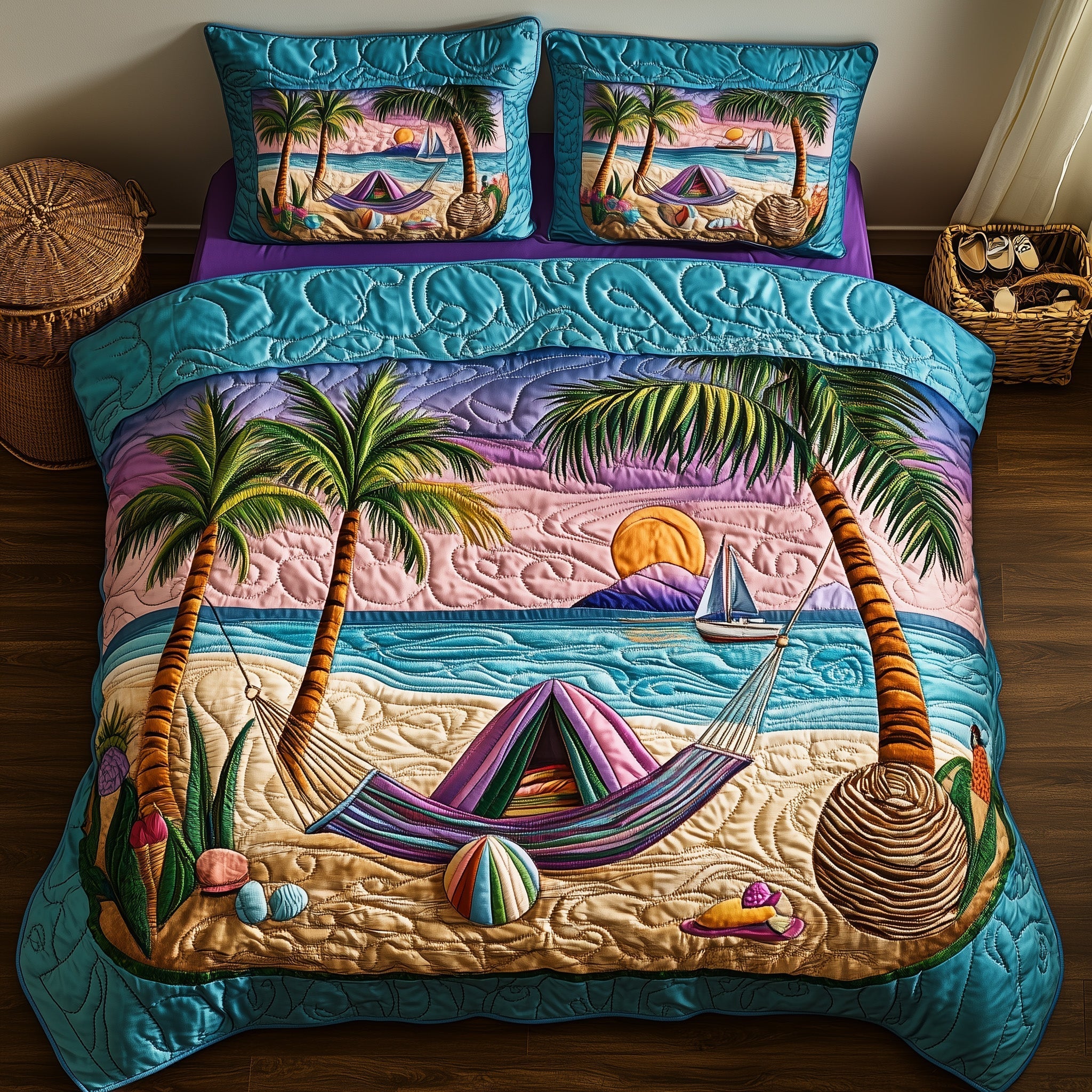 Tropical Beach Vibe Quilted Bedding Set Bed Room Art Summer Beach Themed Stuff