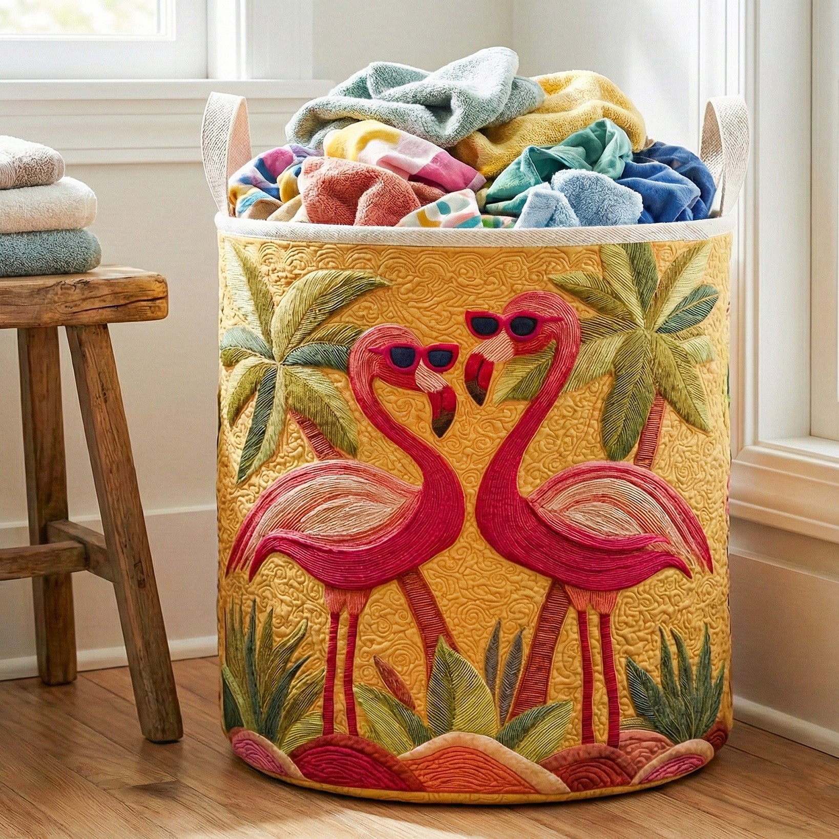 Tropical Flamingo Love Quilted Laundry Basket Dirty Clothes Basket Cat Themed Birthday Gifts