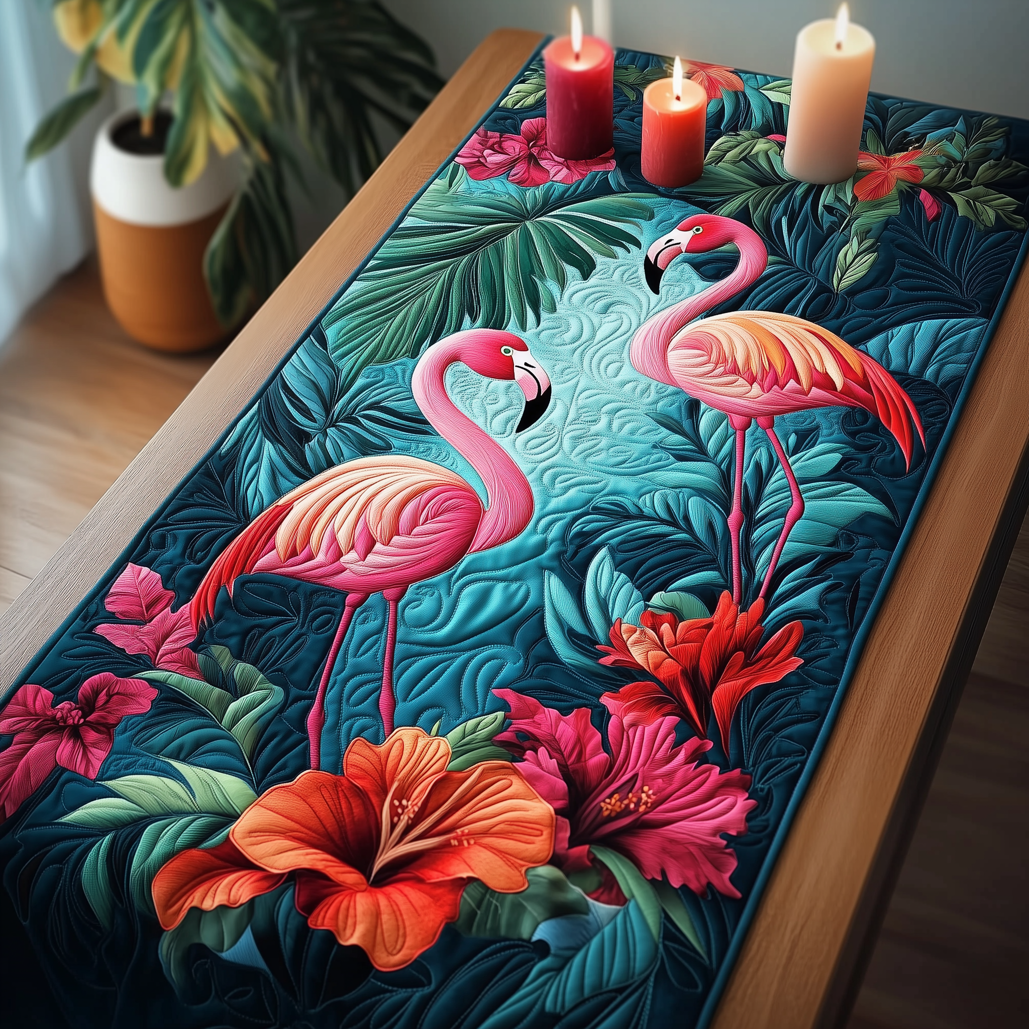 Tropical Flamingo Quilted Table Runner Dining Decor Flamingo Teacher Gift