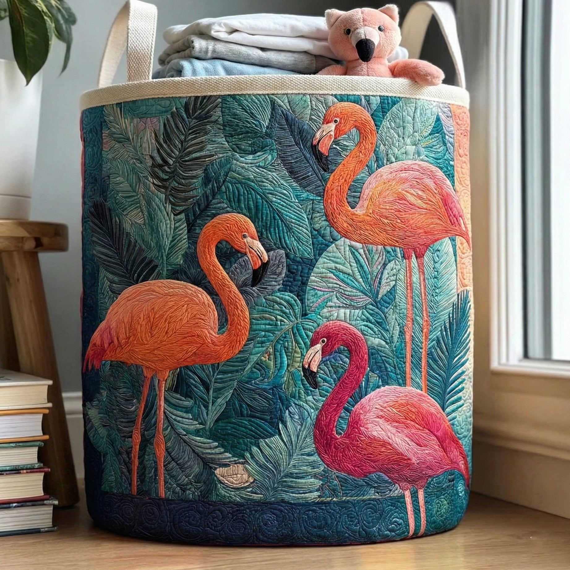 Tropical Flamingo Trio Quilted Laundry Basket Home Decor Items Themed Cat Presents