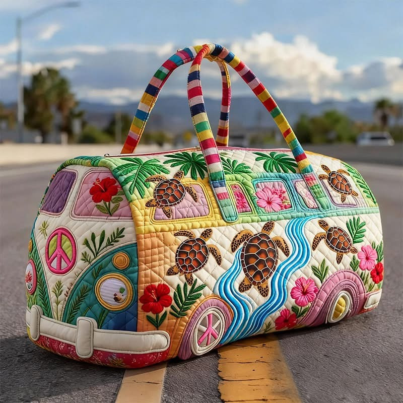 Tropical Floral Hippie Van Quilted Duffle Bag Daisy And Sunflowers Beach Bag Gift For Her