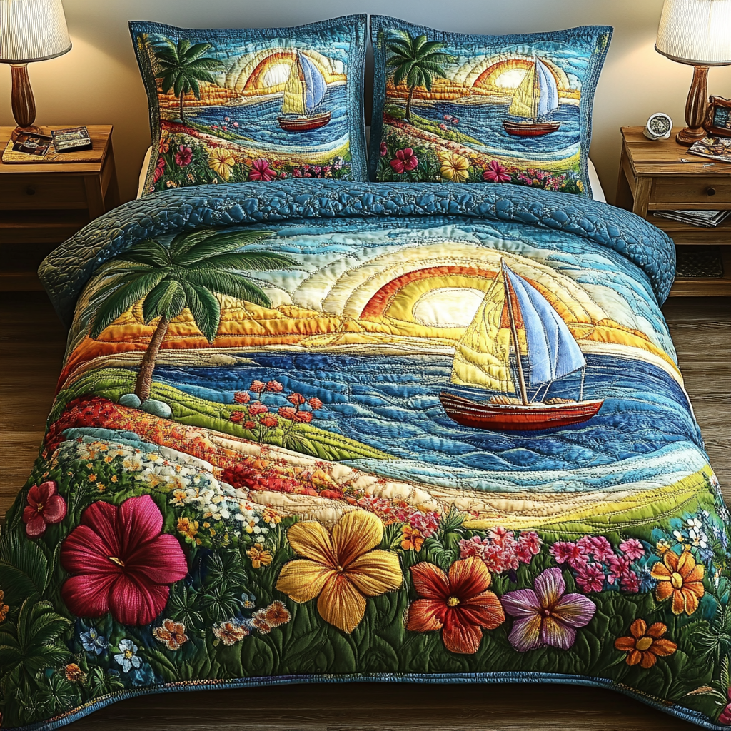 Tropical Haven Quilted Bedding Set Cute Room Decor Cool Gifts For Beach Lovers