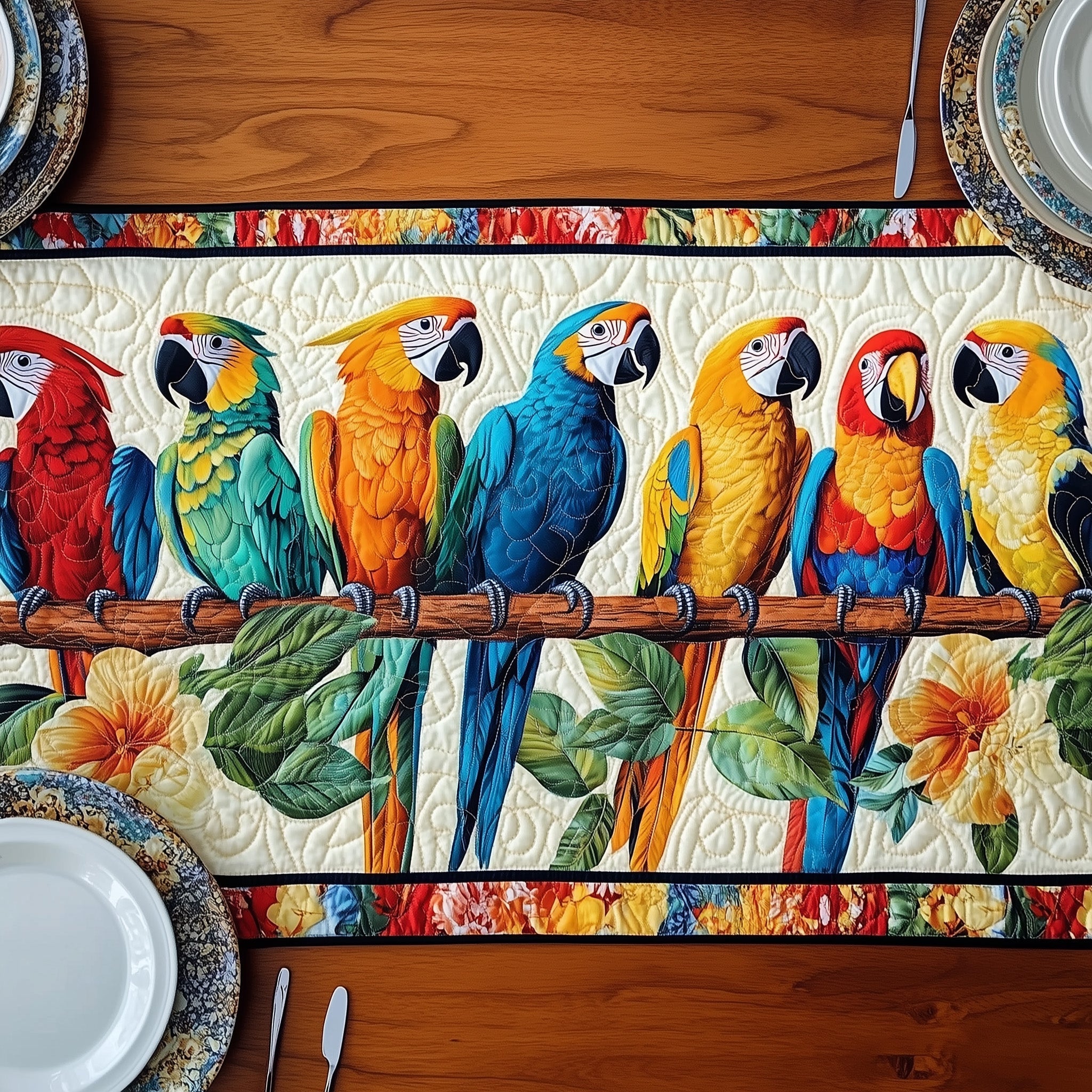 Tropical Parrot Quilted Table Runner Kitchen Table Decor Gift Ideas For Parrot Lovers