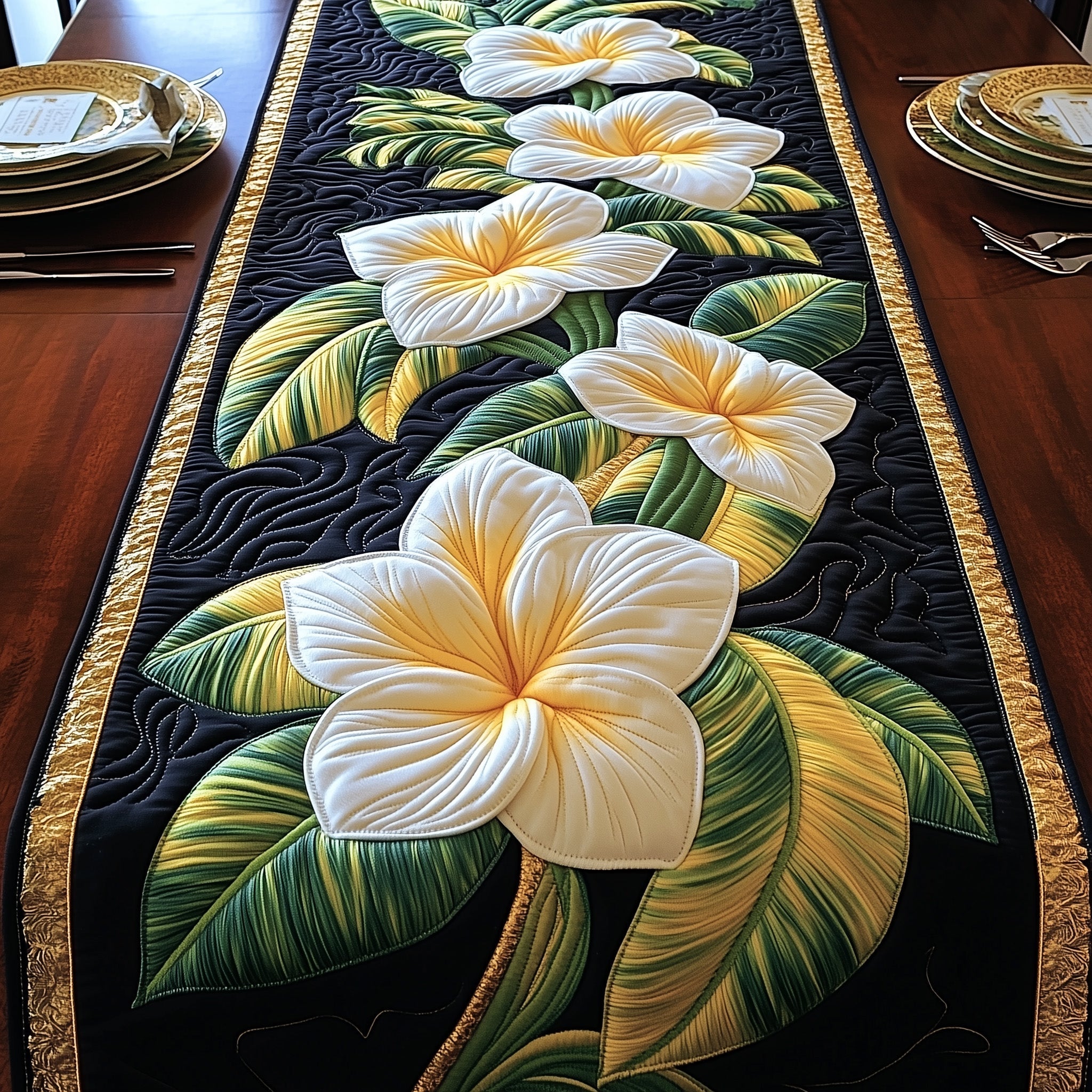 Tropical Plumeria Quilted Table Runner Dining Decor Gift Ideas For Moms Birthday
