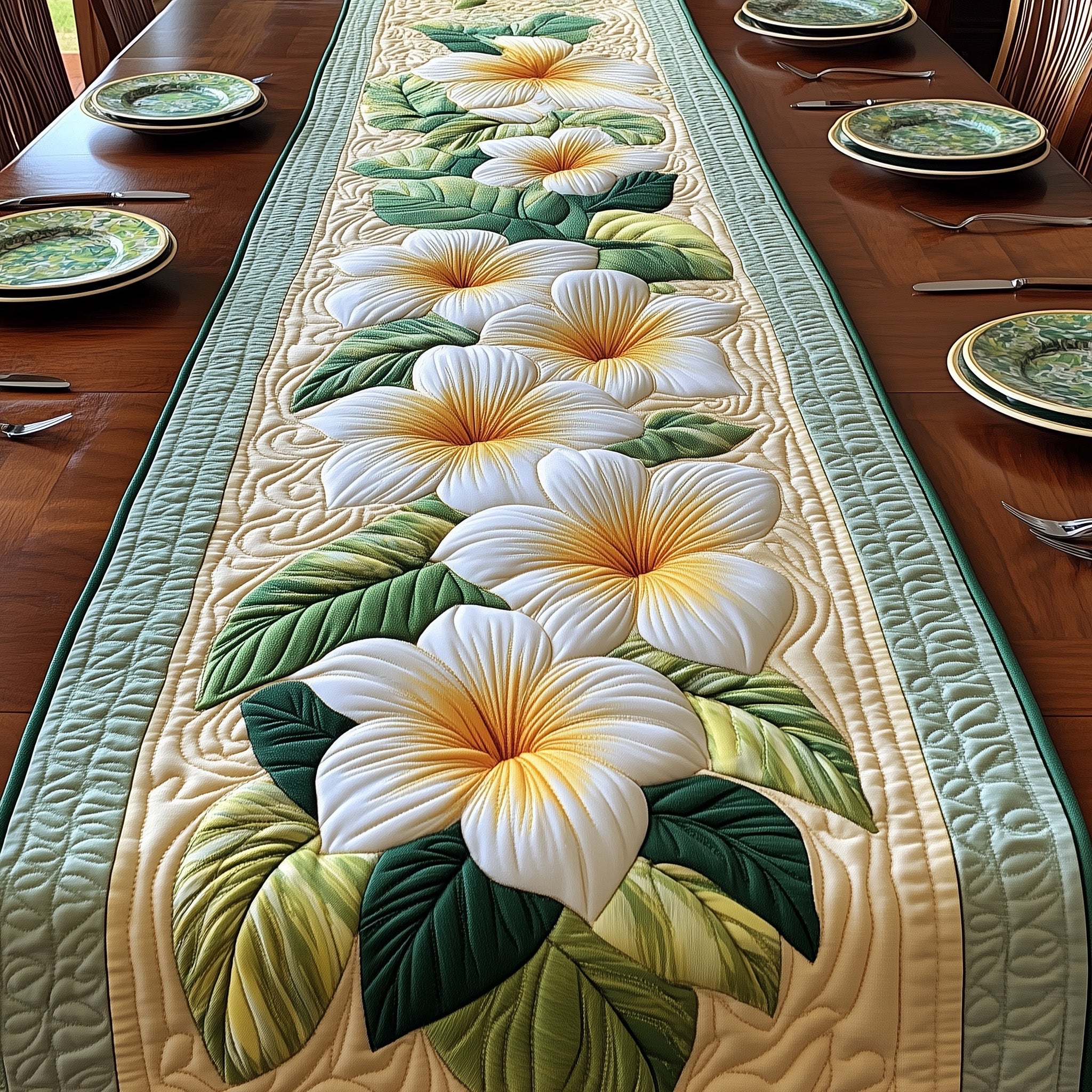 Tropical Plumeria Quilted Table Runner Dinner Table Decor Ideas Good Presents For Moms