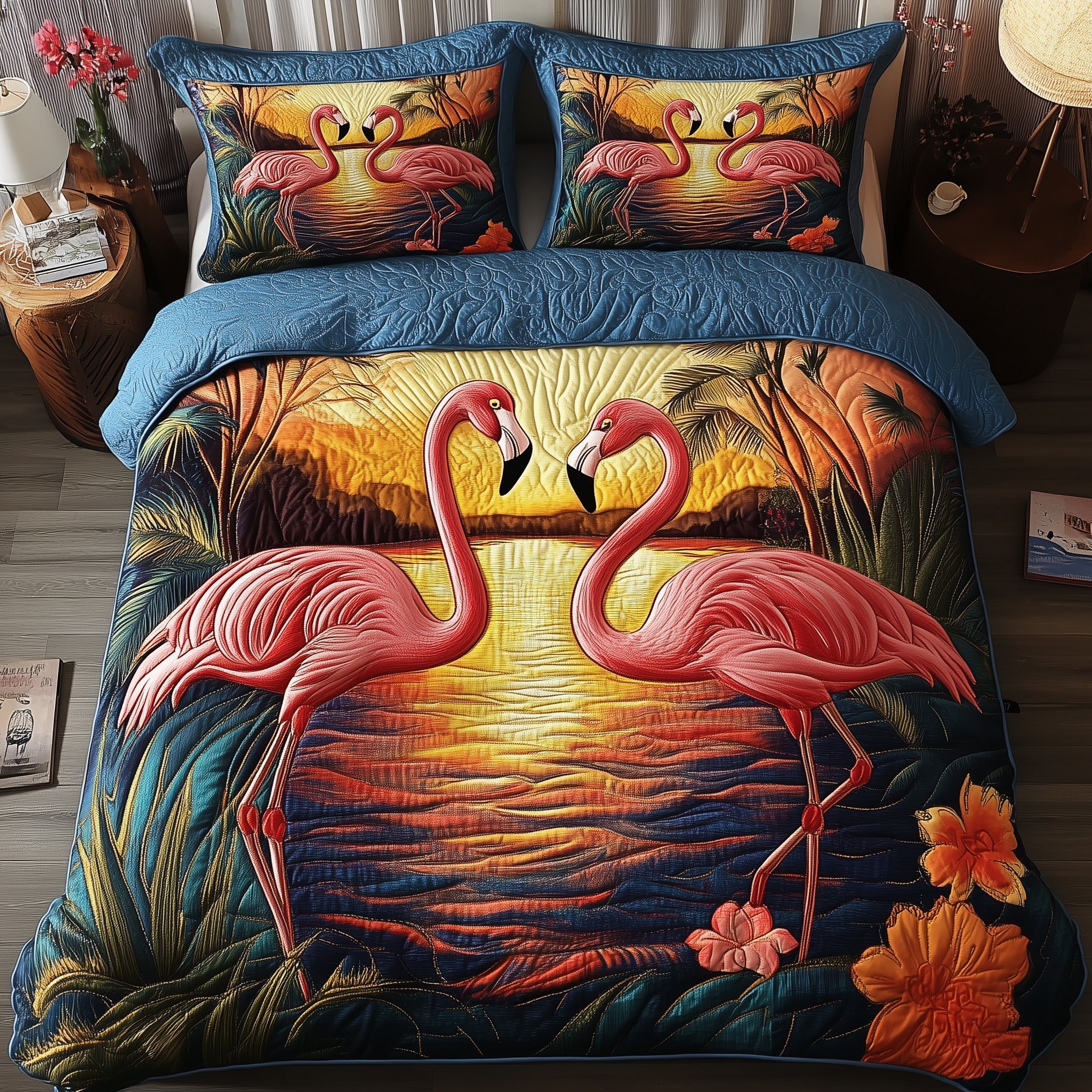 Tropical Sunset Flamingo Quilted Bedding Set Bedsheet Comforter Set Unique Pink Flamingo Gifts