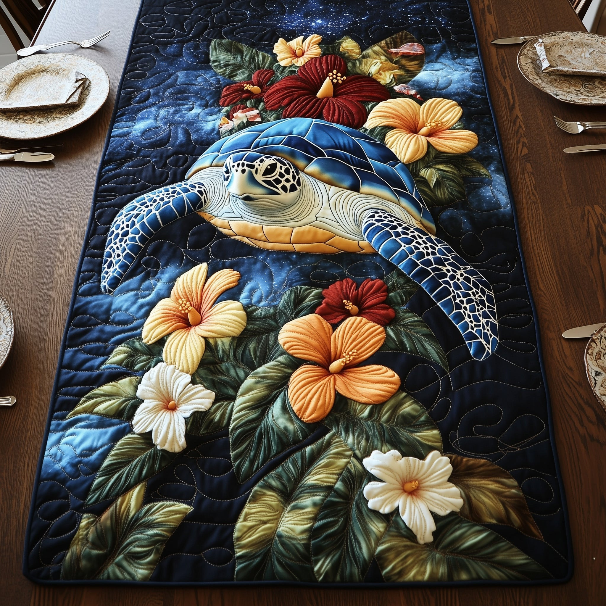 Tropical Turtle Dreams Quilted Table Runner Dining Room Decor Sea Turtle Gift Ideas