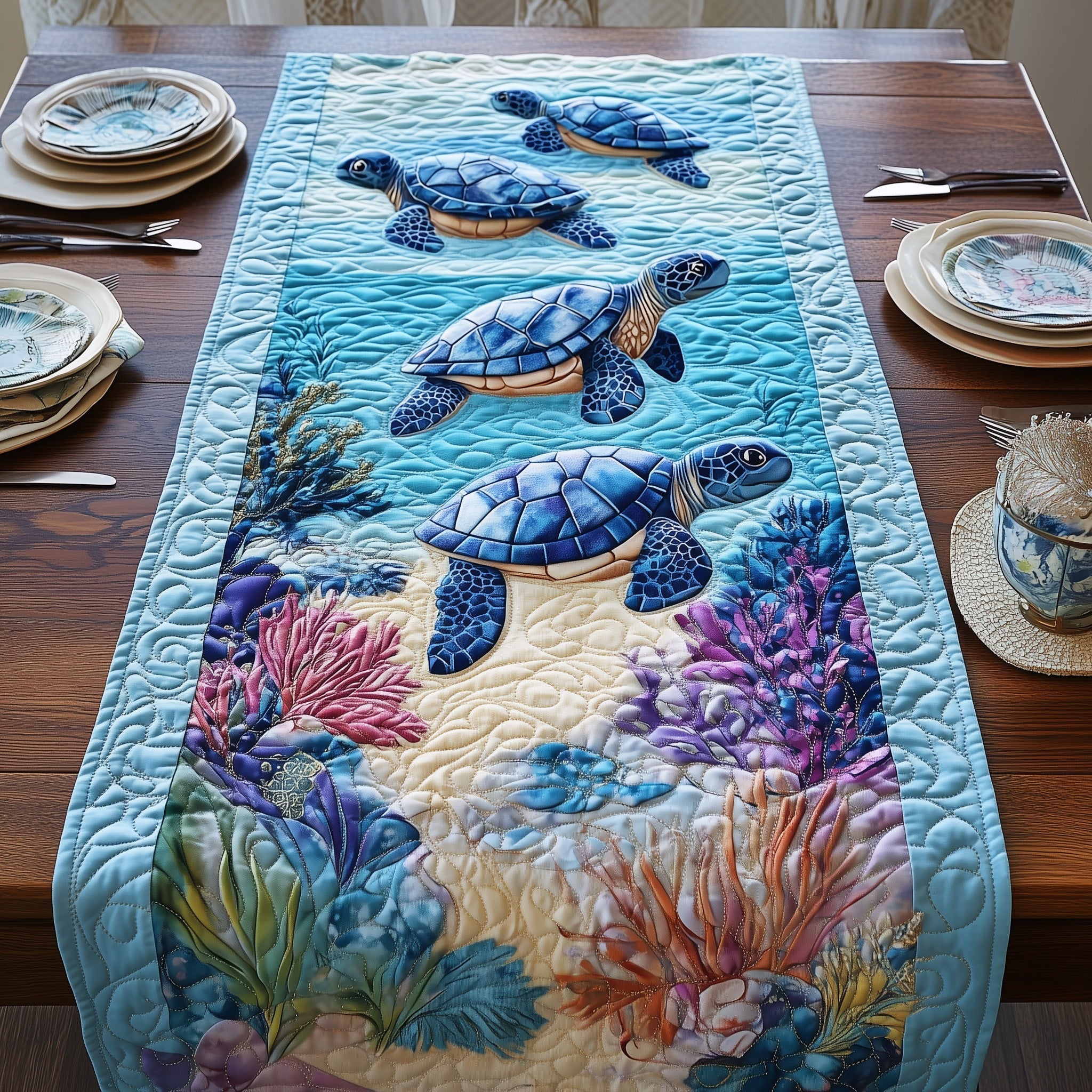 Tropical Turtle Dreams Quilted Table Runner Dinner Table Decor Turtle Gifts For Adults