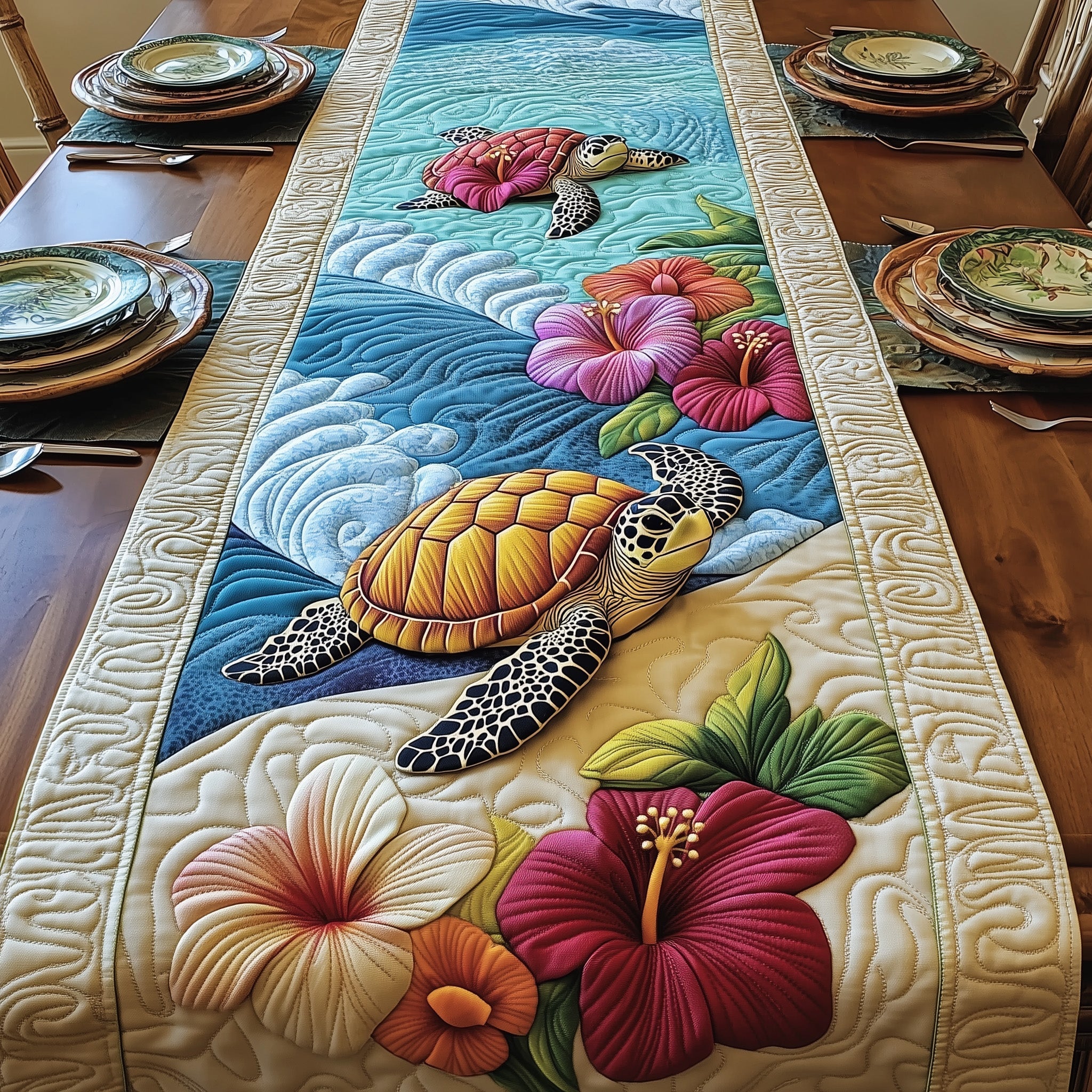 Tropical Turtle Paradise Quilted Table Runner Beach Style Table Runner Turtle Gifts For Her
